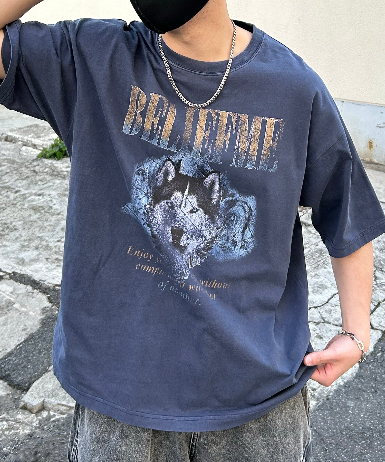 24SS ヴィンテージライク ロックプリント レトロ ピグメント加工 ビッグシルエット半袖バンドTシャツ
