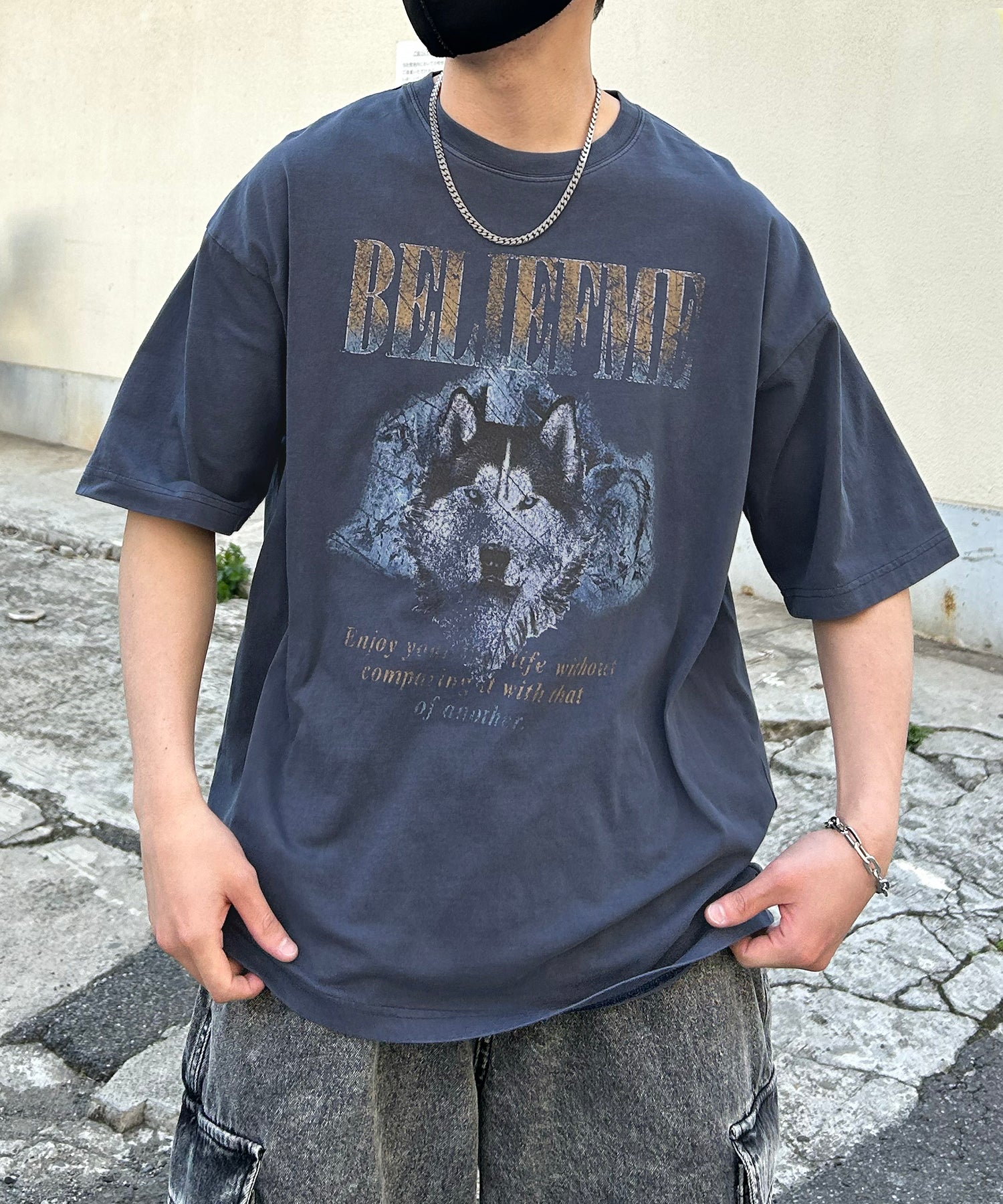24SS ヴィンテージライク ロックプリント レトロ ピグメント加工 ビッグシルエット半袖バンドTシャツ
