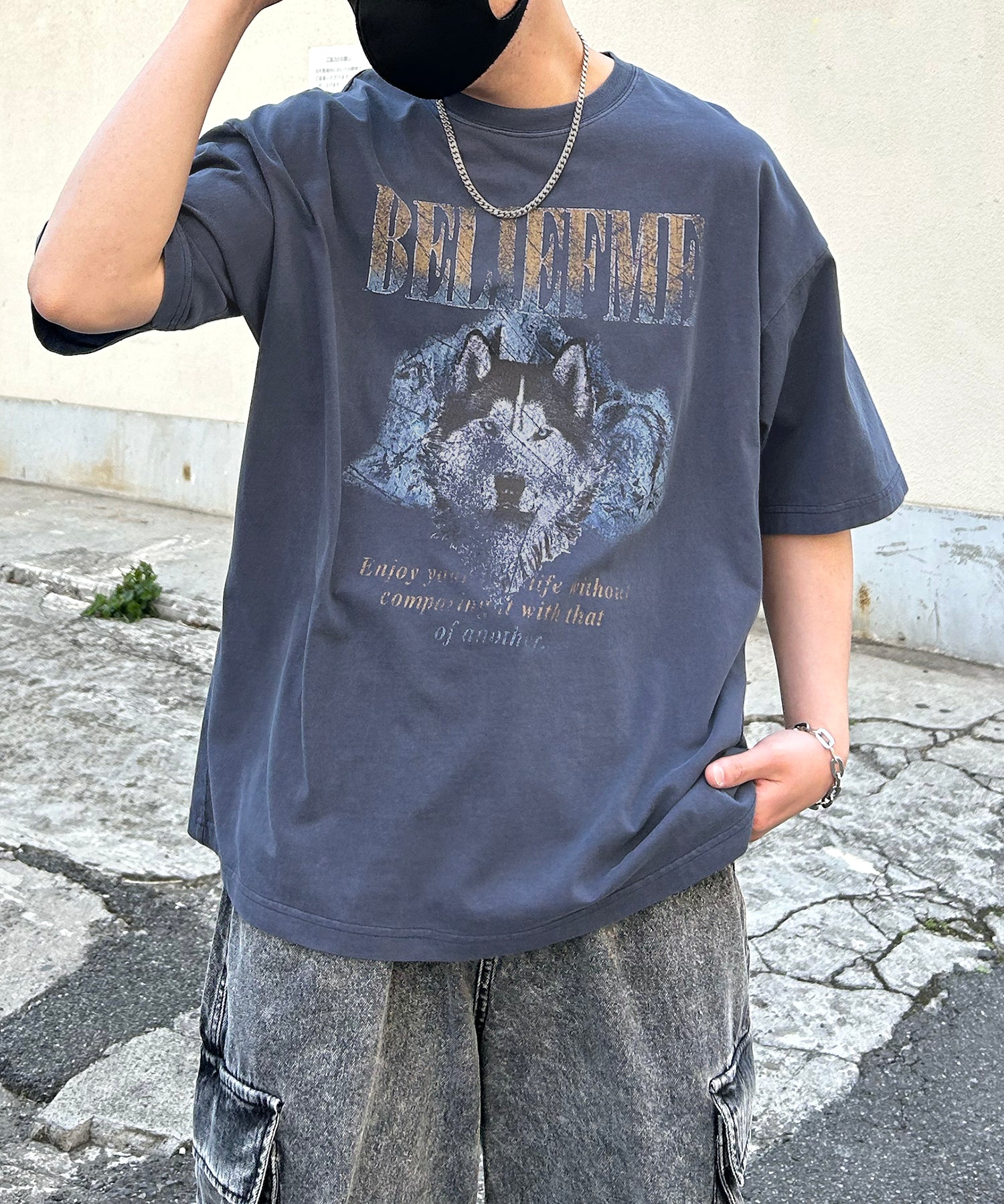 24SS ヴィンテージライク ロックプリント レトロ ピグメント加工 ビッグシルエット半袖バンドTシャツ