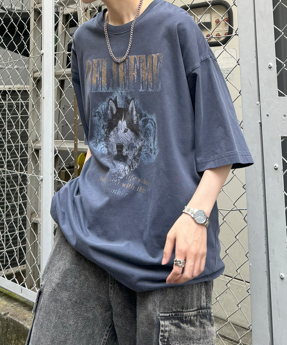 24SS ヴィンテージライク ロックプリント レトロ ピグメント加工 ビッグシルエット半袖バンドTシャツ