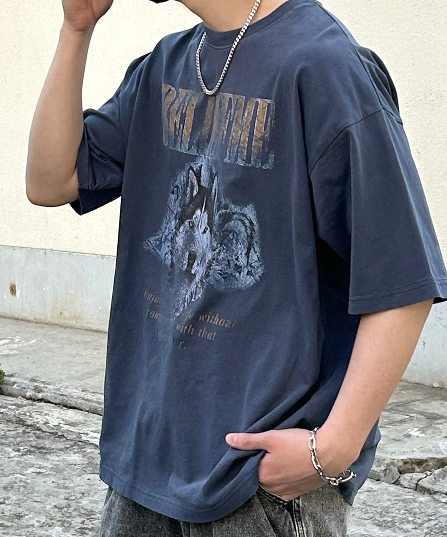 24SS ヴィンテージライク ロックプリント レトロ ピグメント加工 ビッグシルエット半袖バンドTシャツ