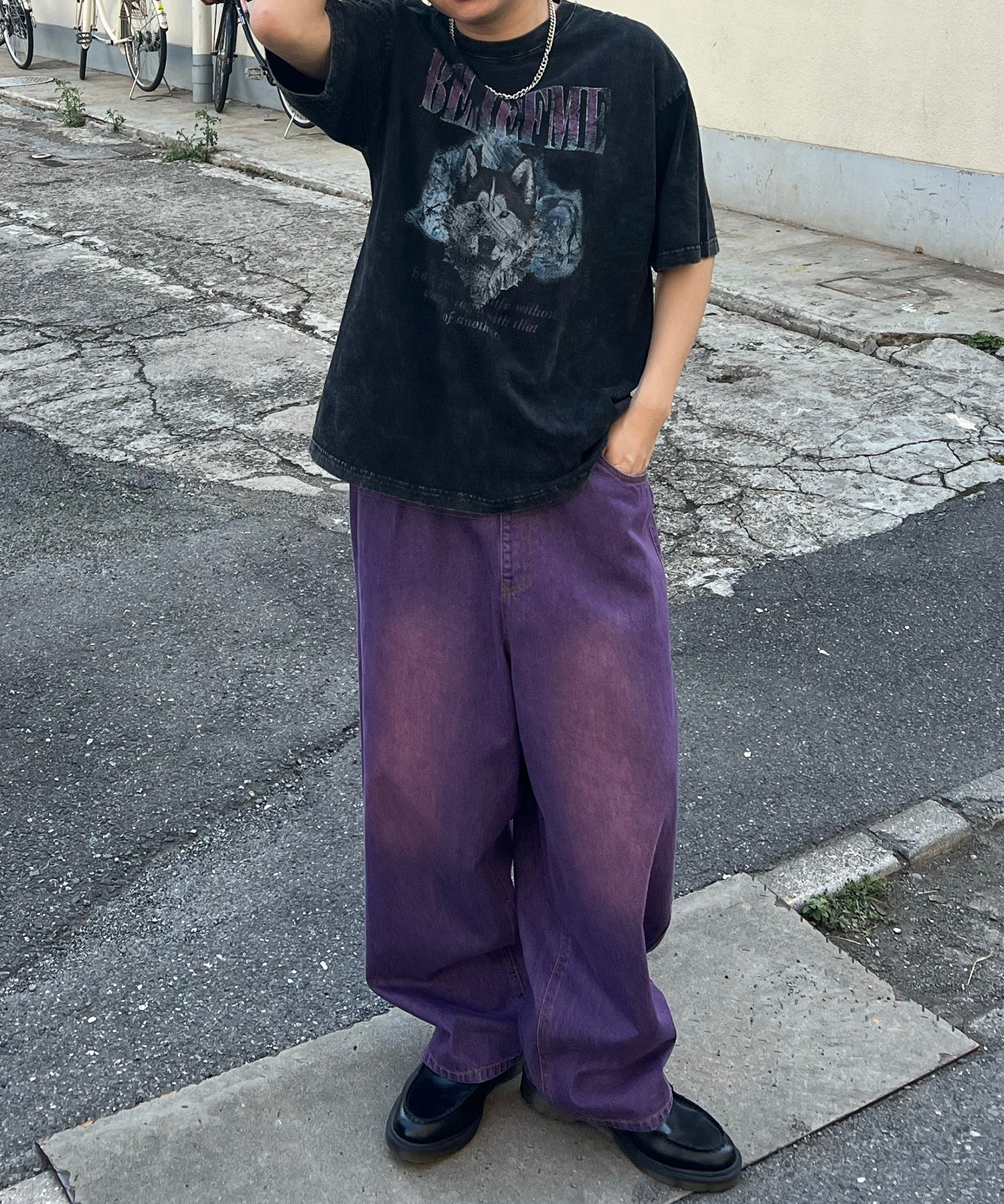 24SS ヴィンテージライク ロックプリント レトロ ピグメント加工 ビッグシルエット半袖バンドTシャツ