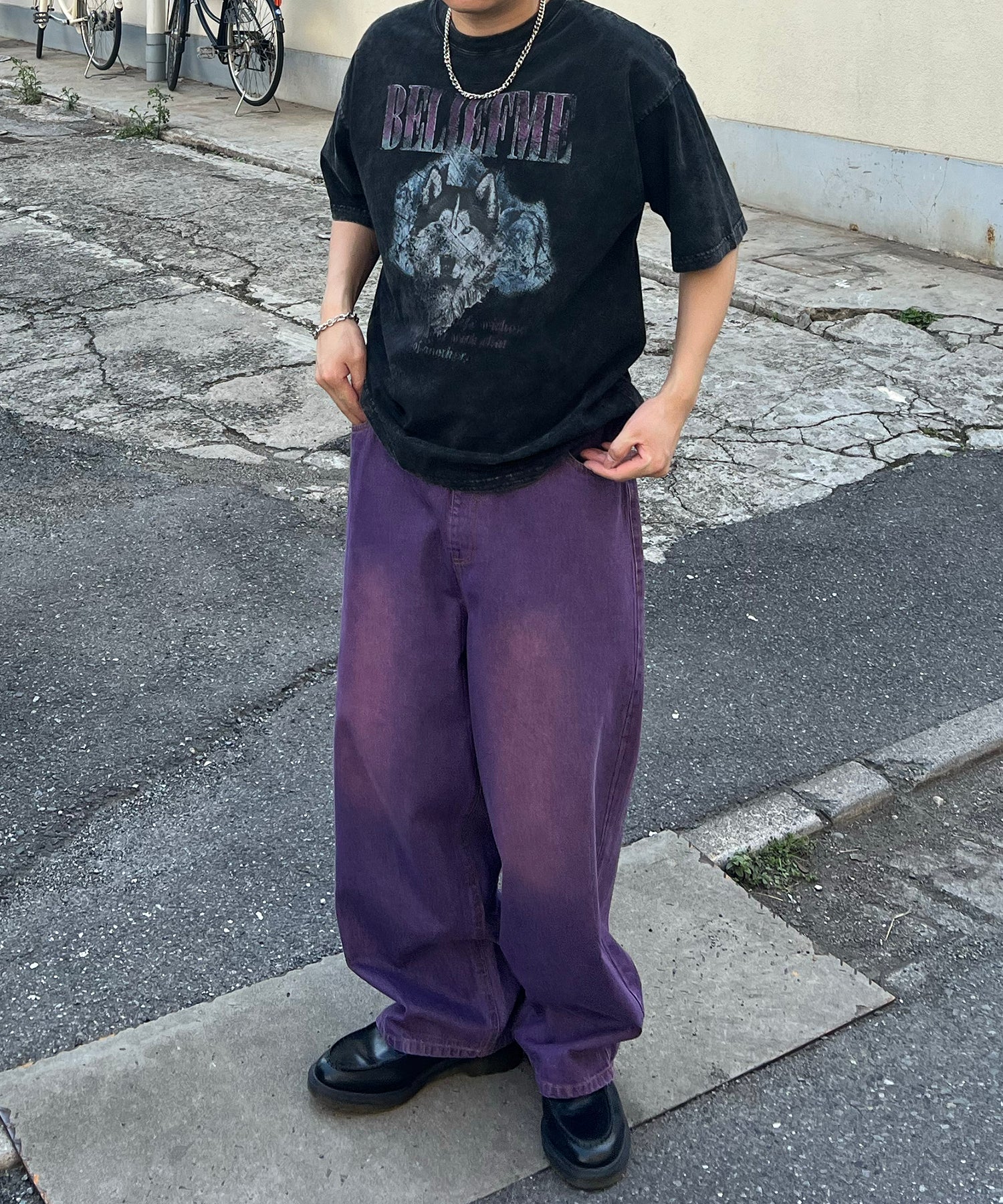 24SS ヴィンテージライク ロックプリント レトロ ピグメント加工 ビッグシルエット半袖バンドTシャツ