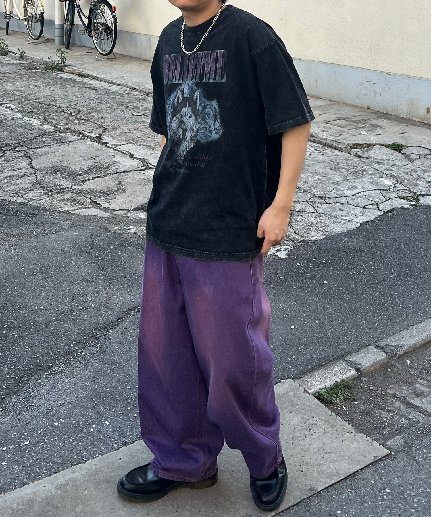 24SS ヴィンテージライク ロックプリント レトロ ピグメント加工 ビッグシルエット半袖バンドTシャツ