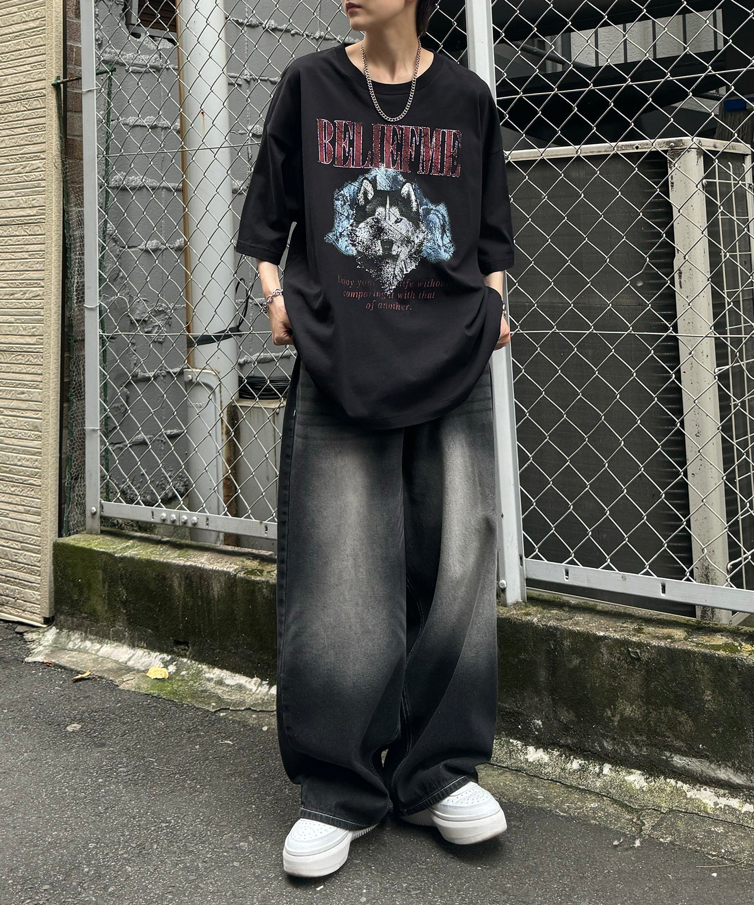 24SS ヴィンテージライク ロックプリント レトロ ピグメント加工 ビッグシルエット半袖バンドTシャツ