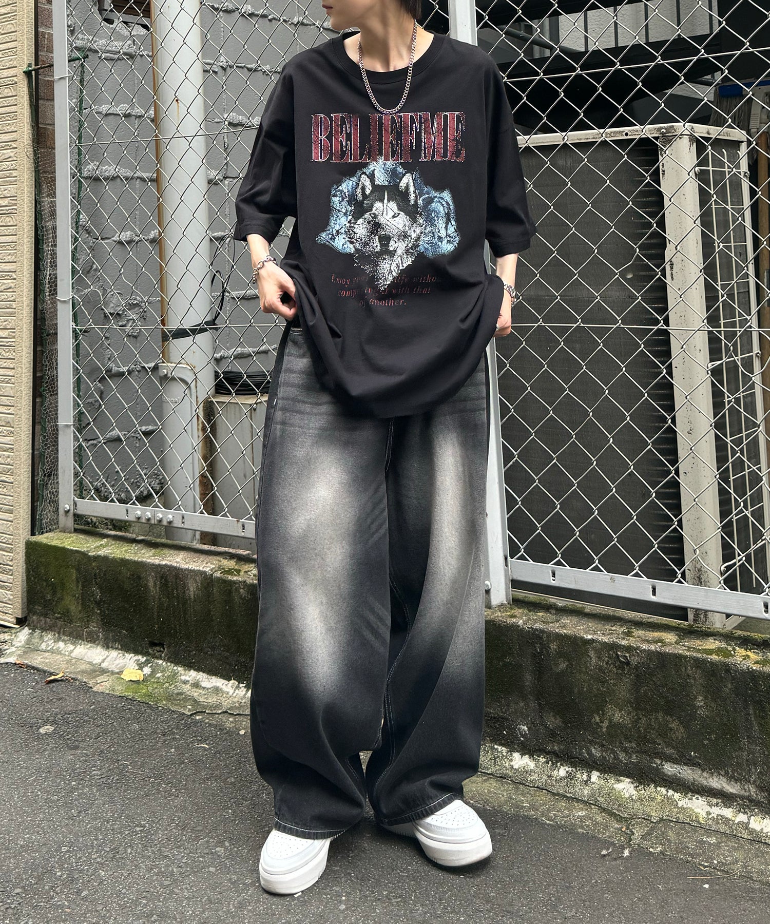 24SS ヴィンテージライク ロックプリント レトロ ピグメント加工 ビッグシルエット半袖バンドTシャツ