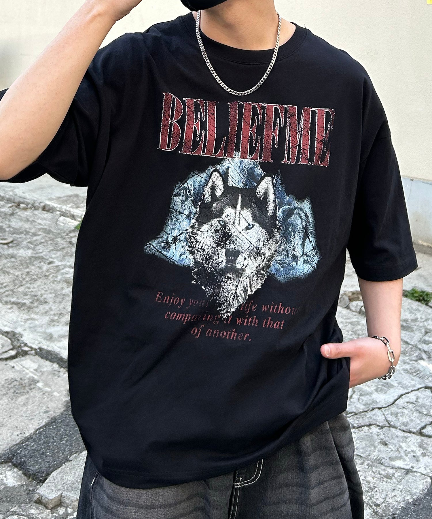 24SS ヴィンテージライク ロックプリント レトロ ピグメント加工 ビッグシルエット半袖バンドTシャツ