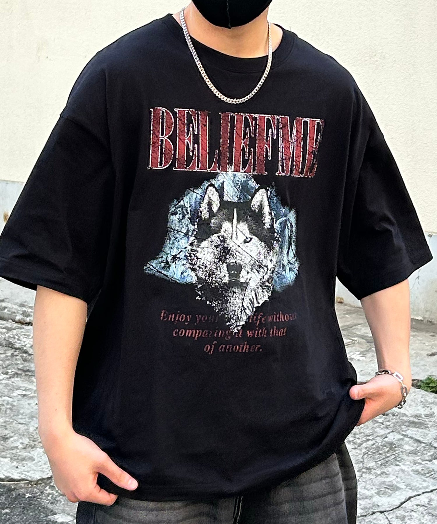 24SS ヴィンテージライク ロックプリント レトロ ピグメント加工 ビッグシルエット半袖バンドTシャツ