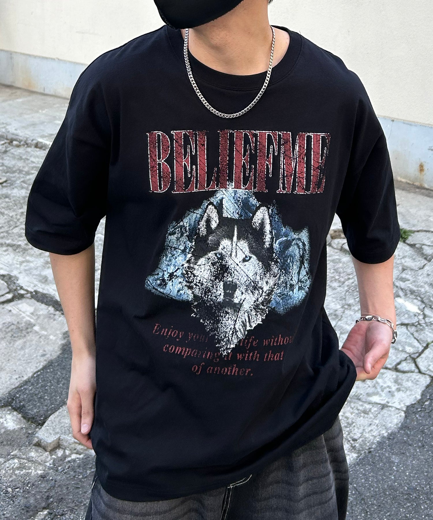 24SS ヴィンテージライク ロックプリント レトロ ピグメント加工 ビッグシルエット半袖バンドTシャツ