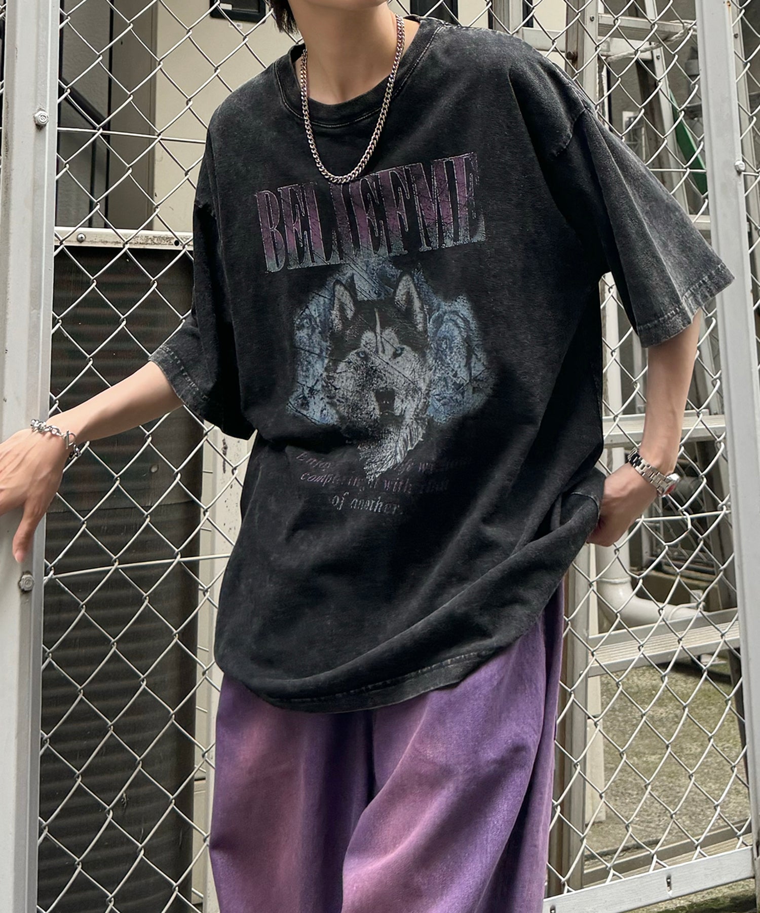 24SS ヴィンテージライク ロックプリント レトロ ピグメント加工 ビッグシルエット半袖バンドTシャツ