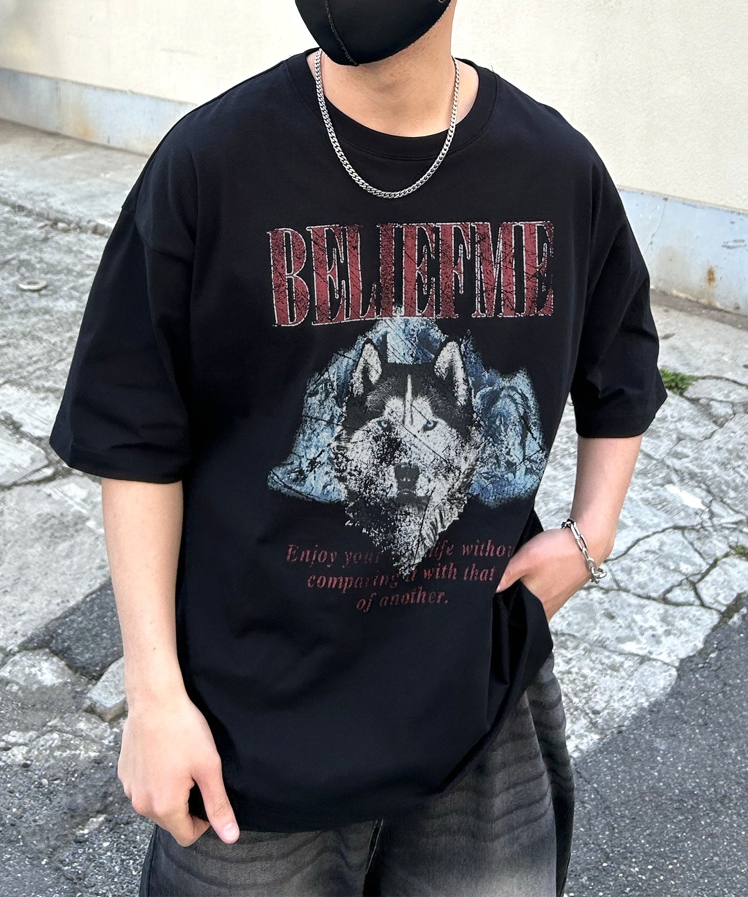 24SS ヴィンテージライク ロックプリント レトロ ピグメント加工 ビッグシルエット半袖バンドTシャツ