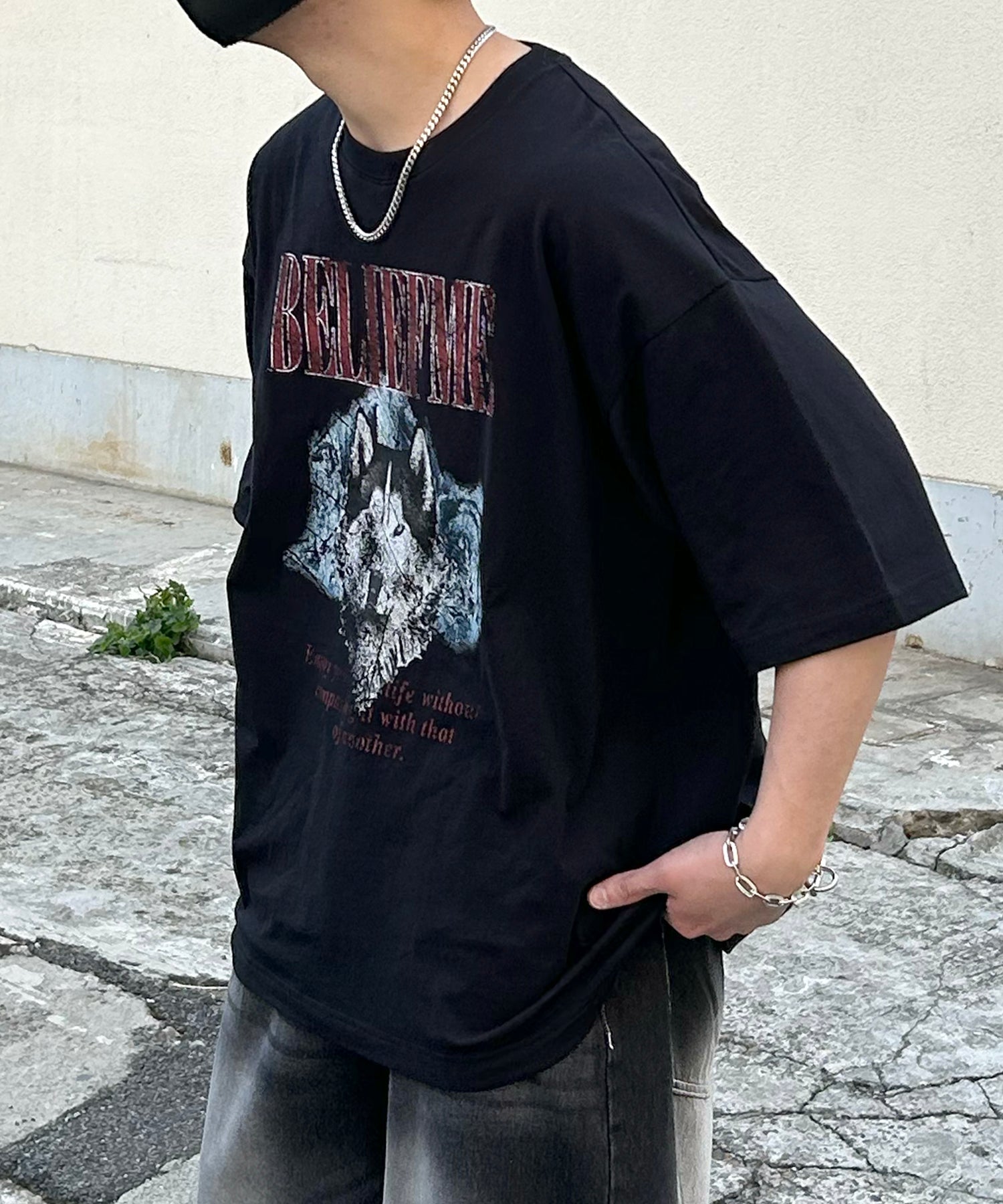 24SS ヴィンテージライク ロックプリント レトロ ピグメント加工 ビッグシルエット半袖バンドTシャツ