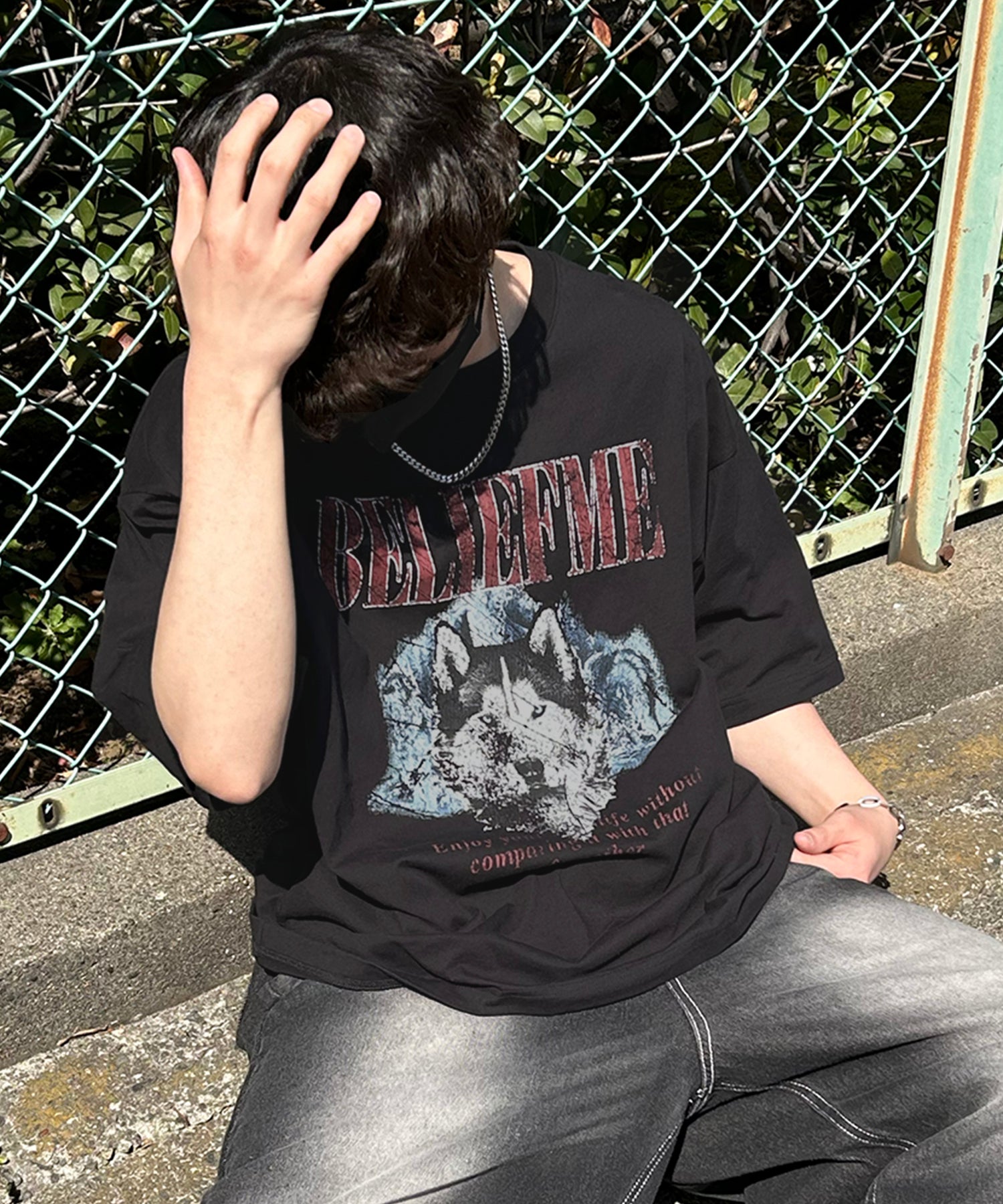 24SS ヴィンテージライク ロックプリント レトロ ピグメント加工 ビッグシルエット半袖バンドTシャツ