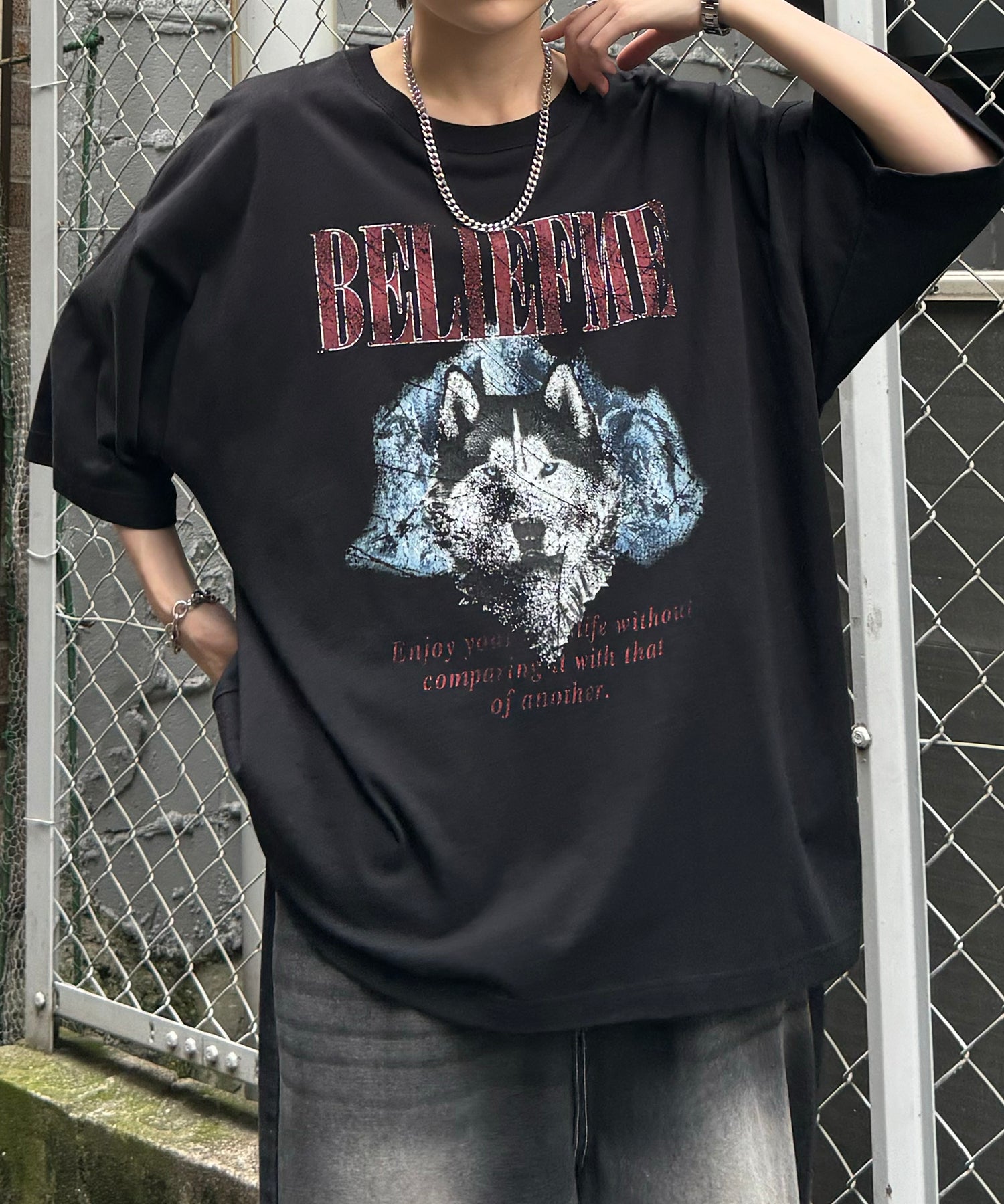 24SS ヴィンテージライク ロックプリント レトロ ピグメント加工 ビッグシルエット半袖バンドTシャツ