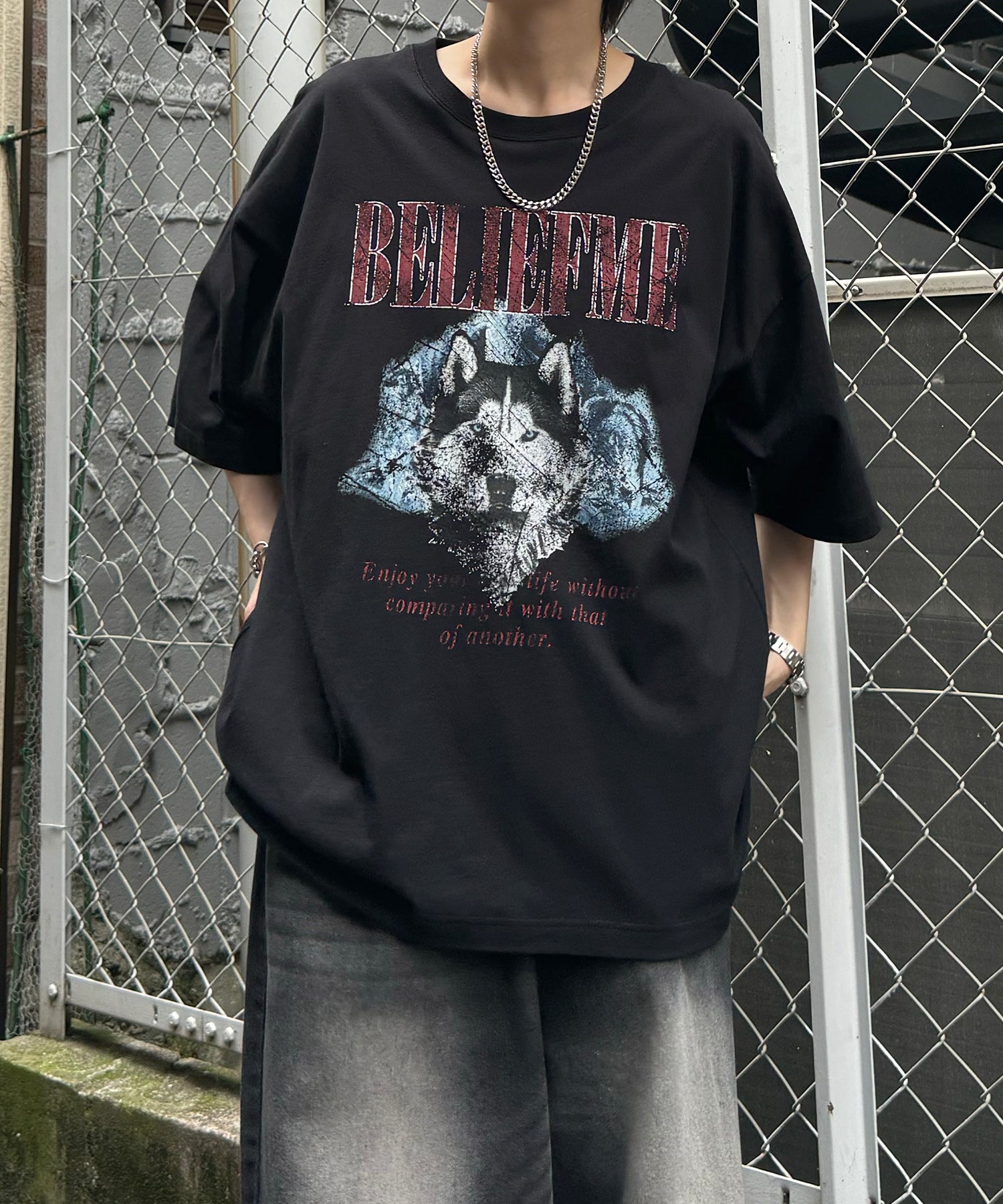24SS ヴィンテージライク ロックプリント レトロ ピグメント加工 ビッグシルエット半袖バンドTシャツ