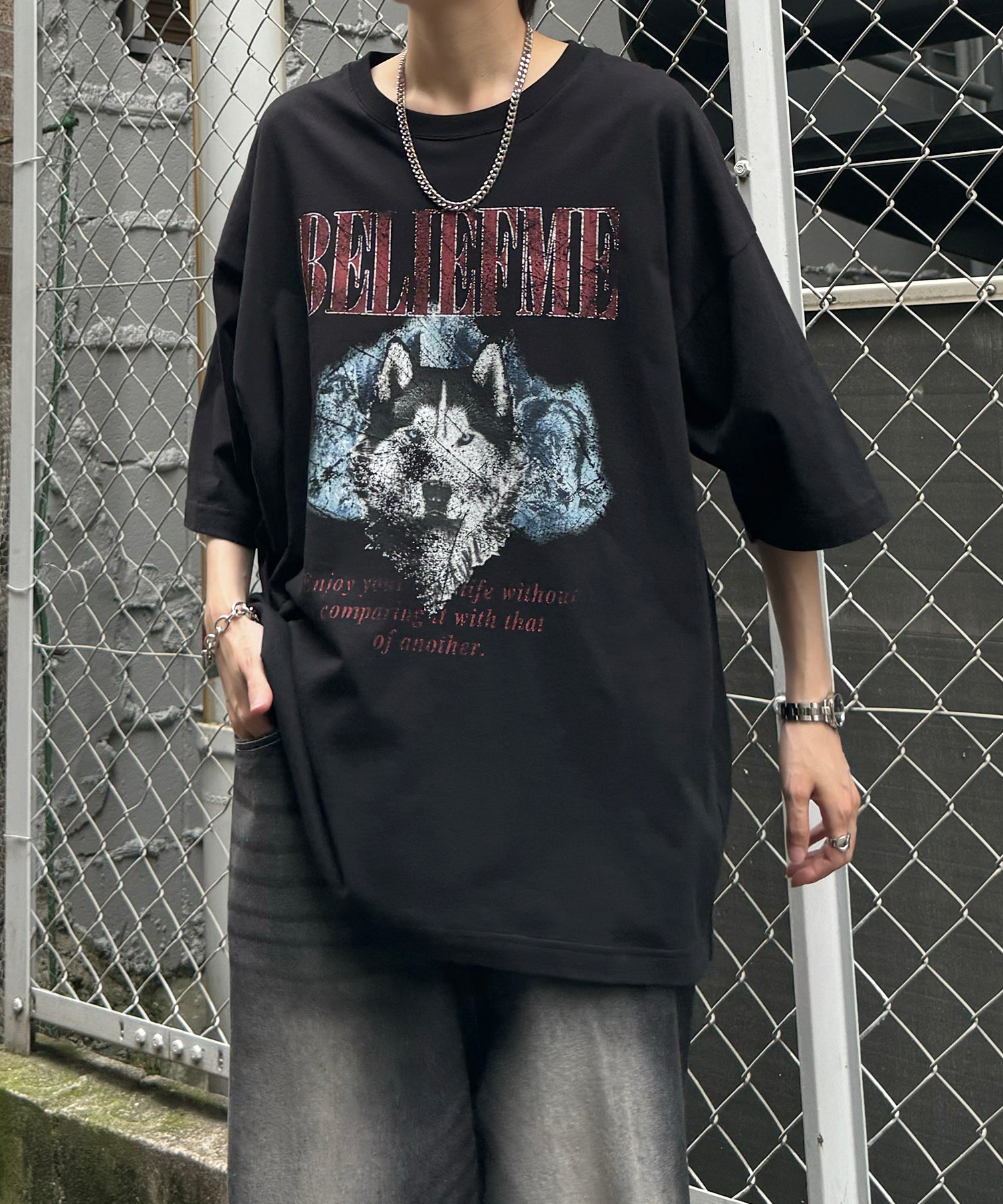 24SS ヴィンテージライク ロックプリント レトロ ピグメント加工 ビッグシルエット半袖バンドTシャツ