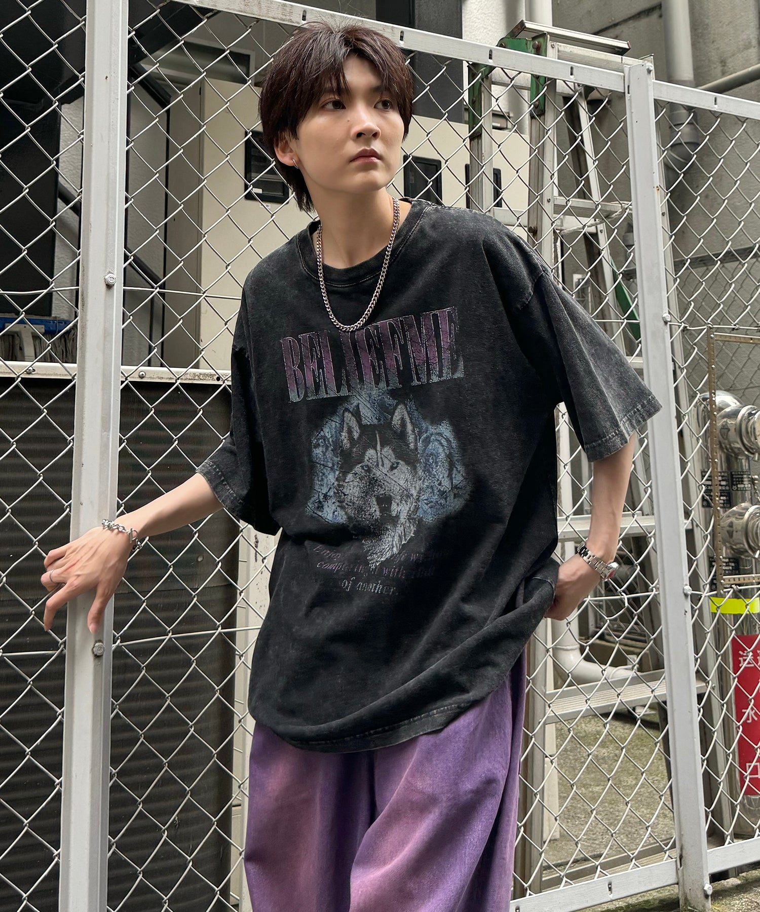 24SS ヴィンテージライク ロックプリント レトロ ピグメント加工 ビッグシルエット半袖バンドTシャツ