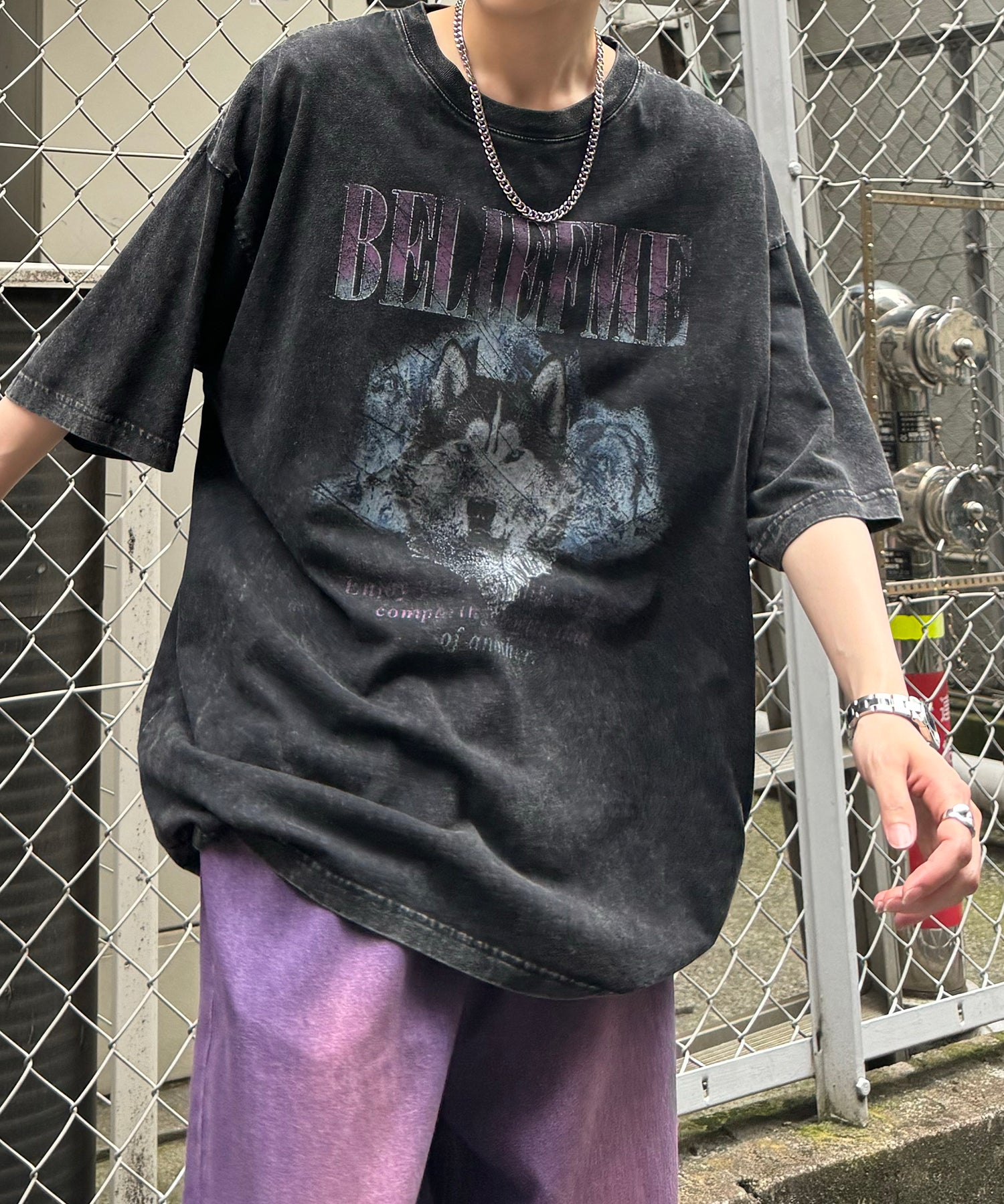24SS ヴィンテージライク ロックプリント レトロ ピグメント加工 ビッグシルエット半袖バンドTシャツ