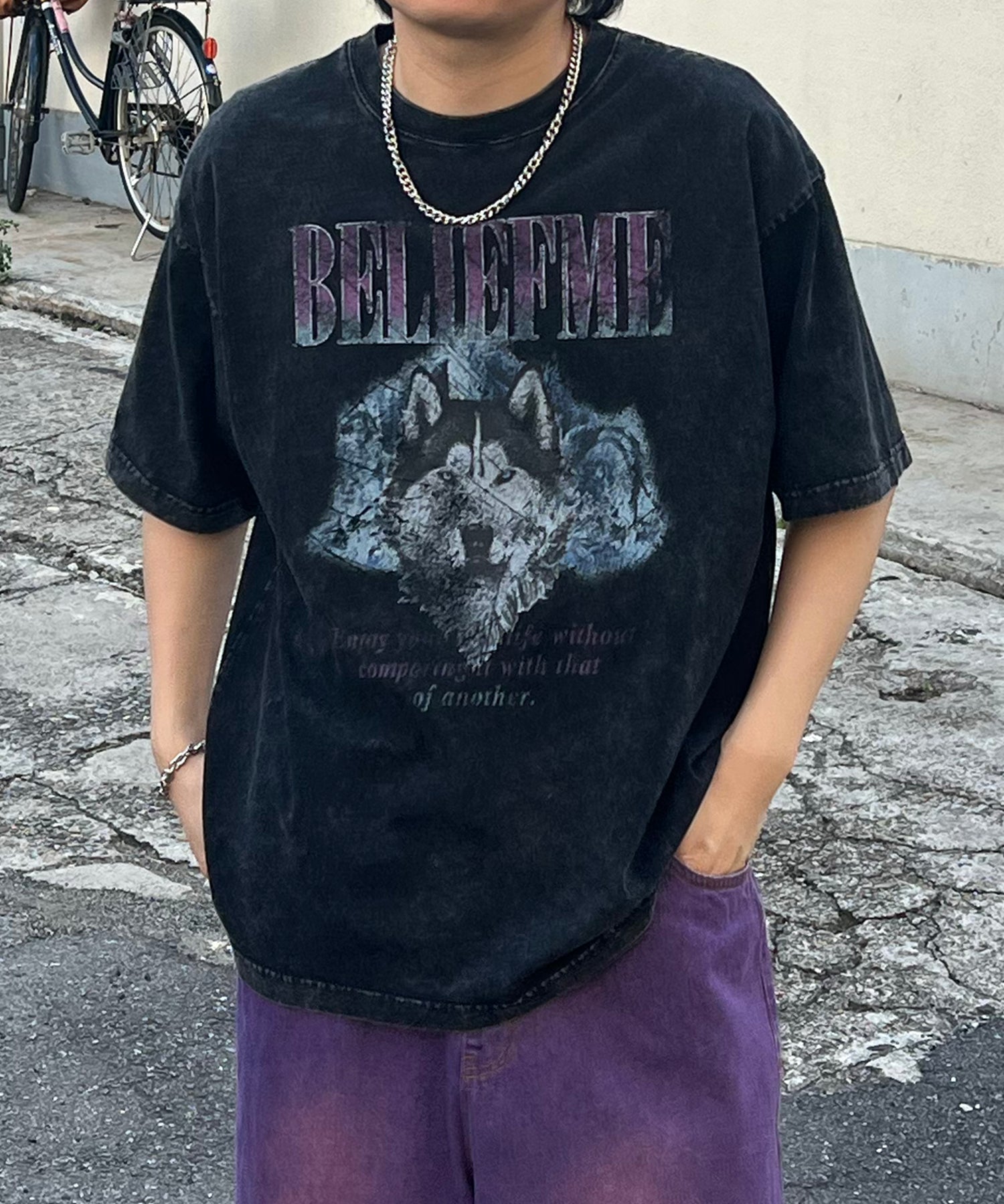 24SS ヴィンテージライク ロックプリント レトロ ピグメント加工 ビッグシルエット半袖バンドTシャツ