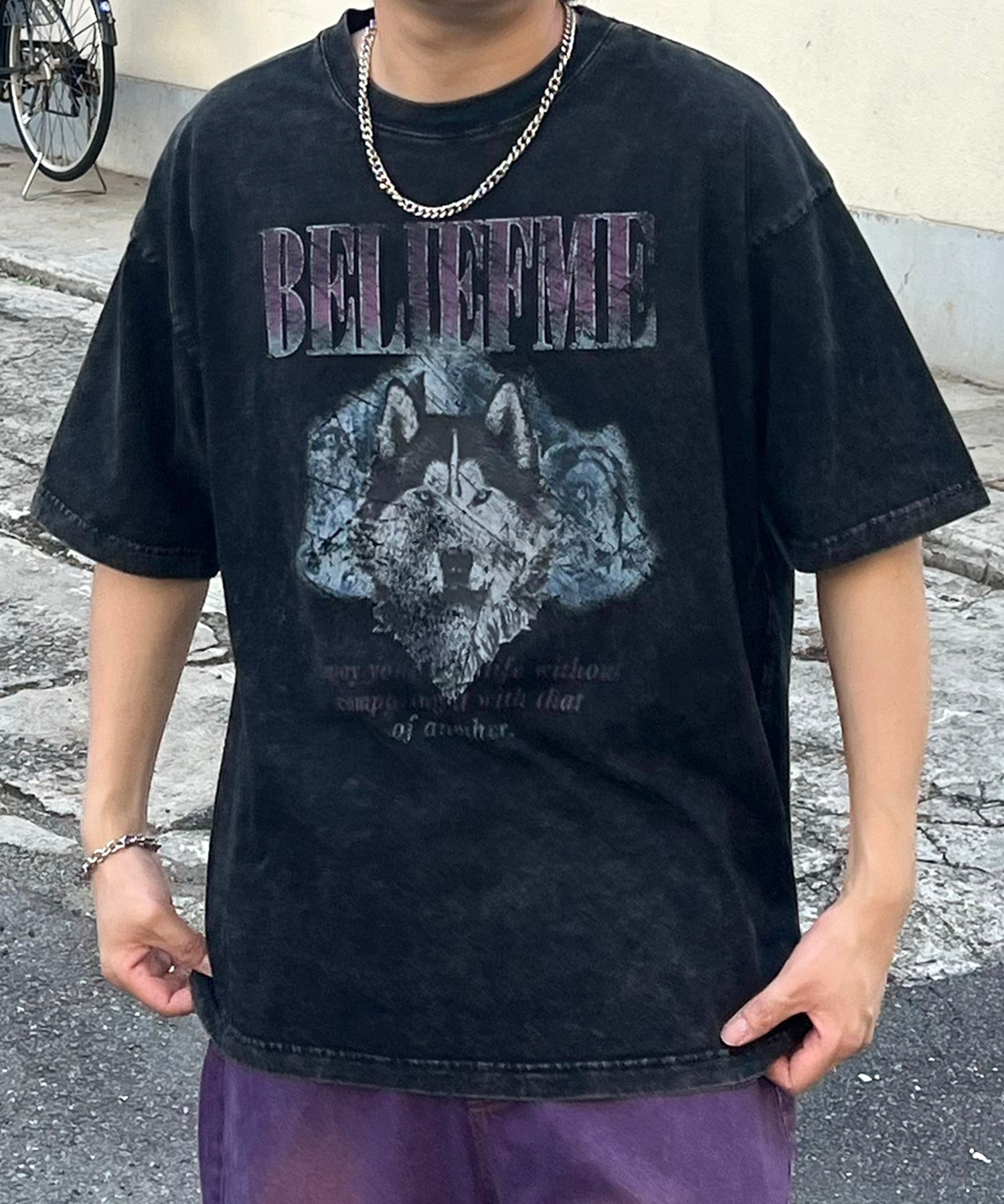 24SS ヴィンテージライク ロックプリント レトロ ピグメント加工 ビッグシルエット半袖バンドTシャツ