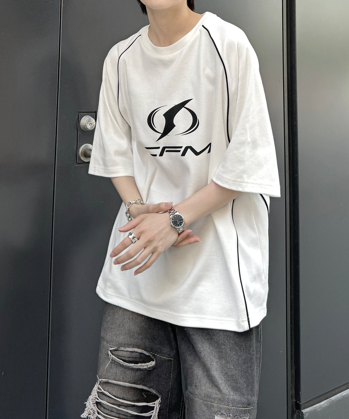 25SS Y2K パイピングライン ロゴプリント ビッグシルエットTシャツ