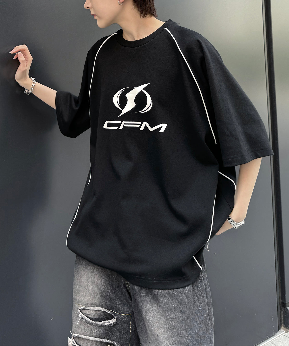 25SS Y2K パイピングライン ロゴプリント ビッグシルエットTシャツ