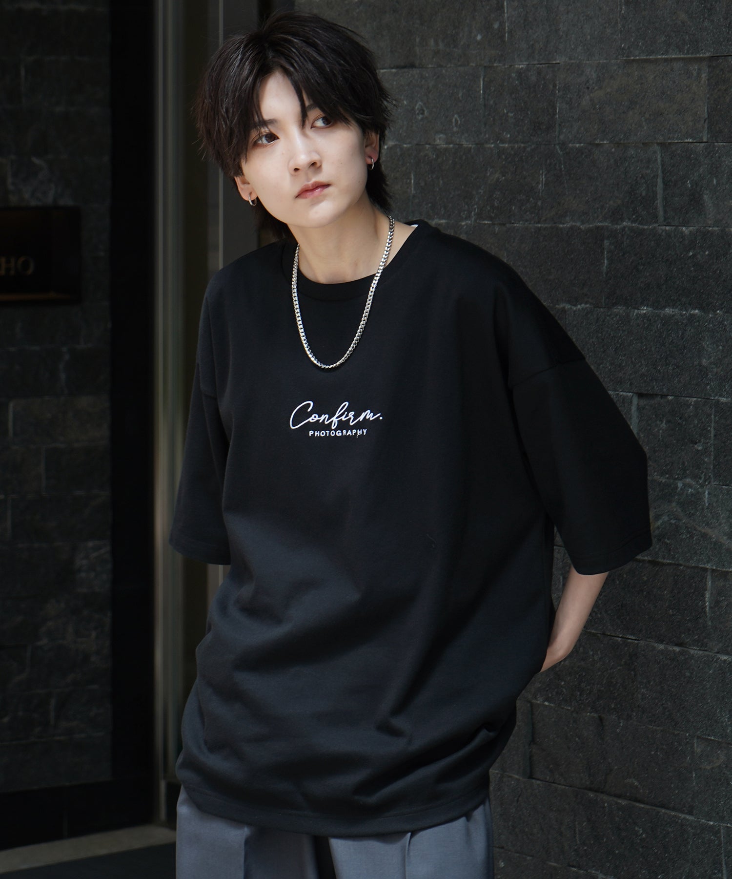 25SS ナチュラルドレープ とろみ肌感 ワンポイント刺繍 ビッグシルエット半袖Tシャツ