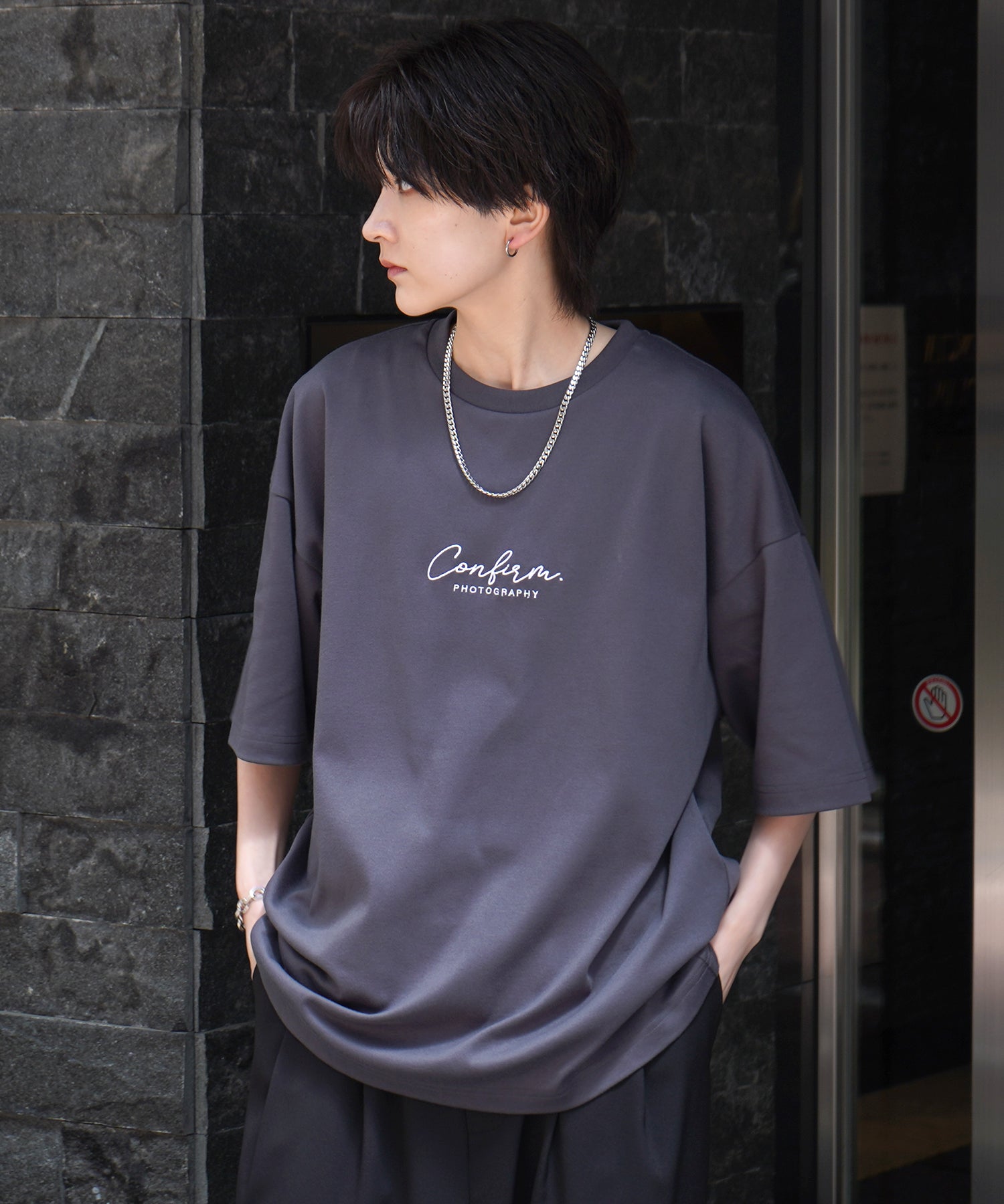 25SS ナチュラルドレープ とろみ肌感 ワンポイント刺繍 ビッグシルエット半袖Tシャツ