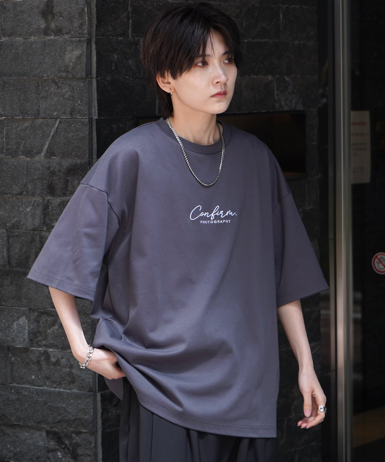 25SS ナチュラルドレープ とろみ肌感 ワンポイント刺繍 ビッグシルエット半袖Tシャツ