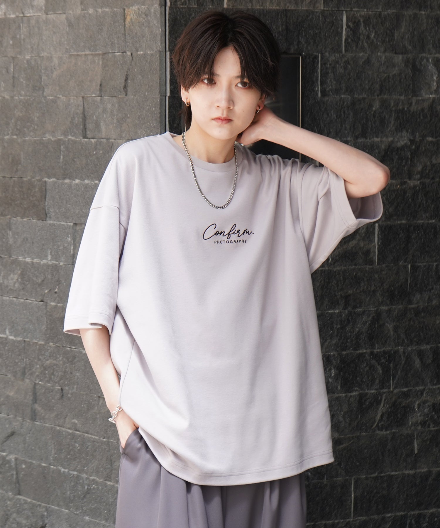 25SS ナチュラルドレープ とろみ肌感 ワンポイント刺繍 ビッグシルエット半袖Tシャツ