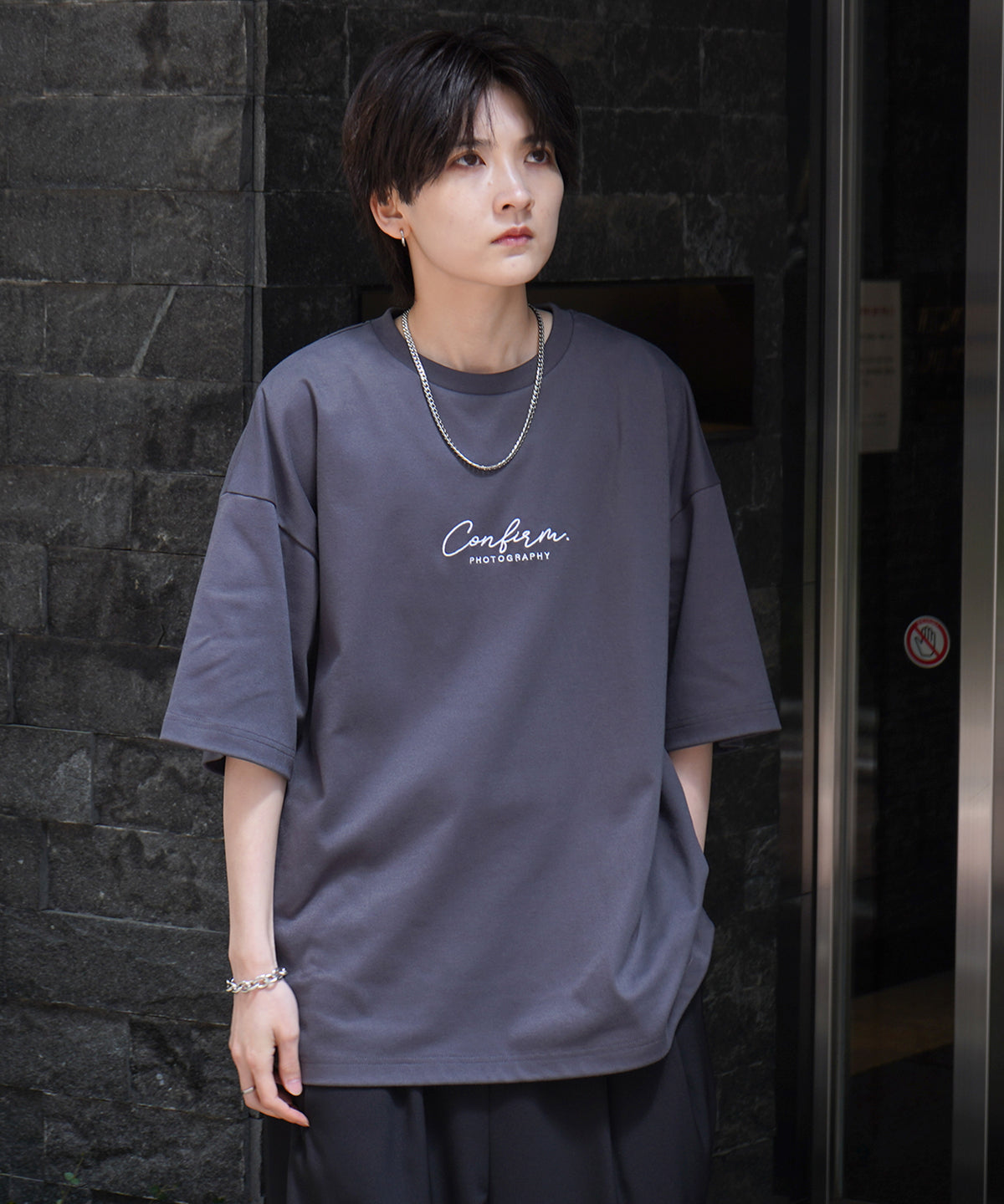 25SS ナチュラルドレープ とろみ肌感 ワンポイント刺繍 ビッグシルエット半袖Tシャツ