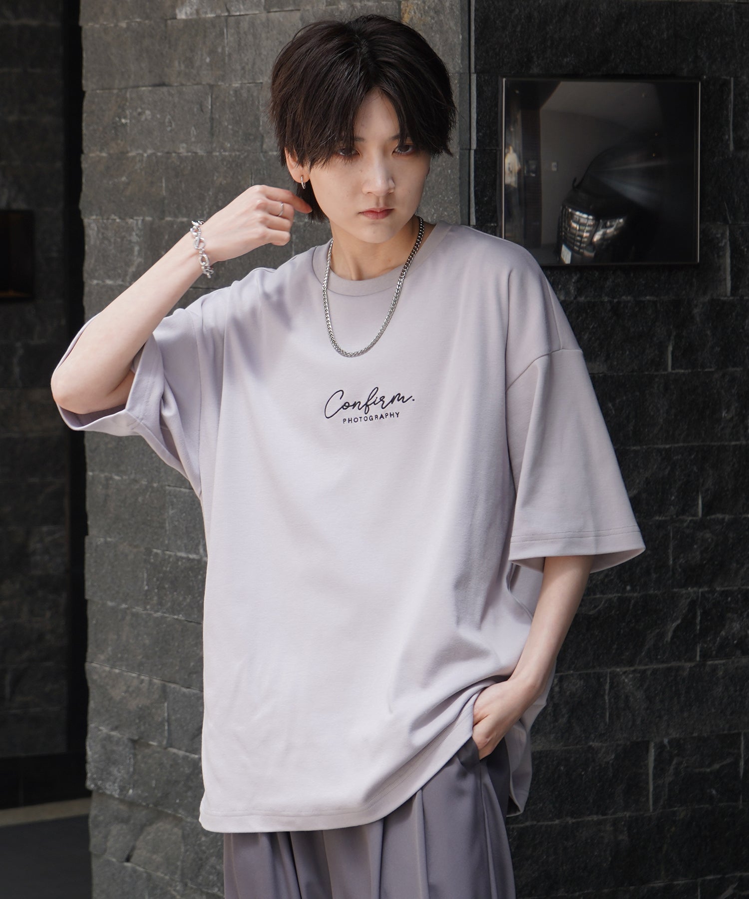 25SS ナチュラルドレープ とろみ肌感 ワンポイント刺繍 ビッグシルエット半袖Tシャツ