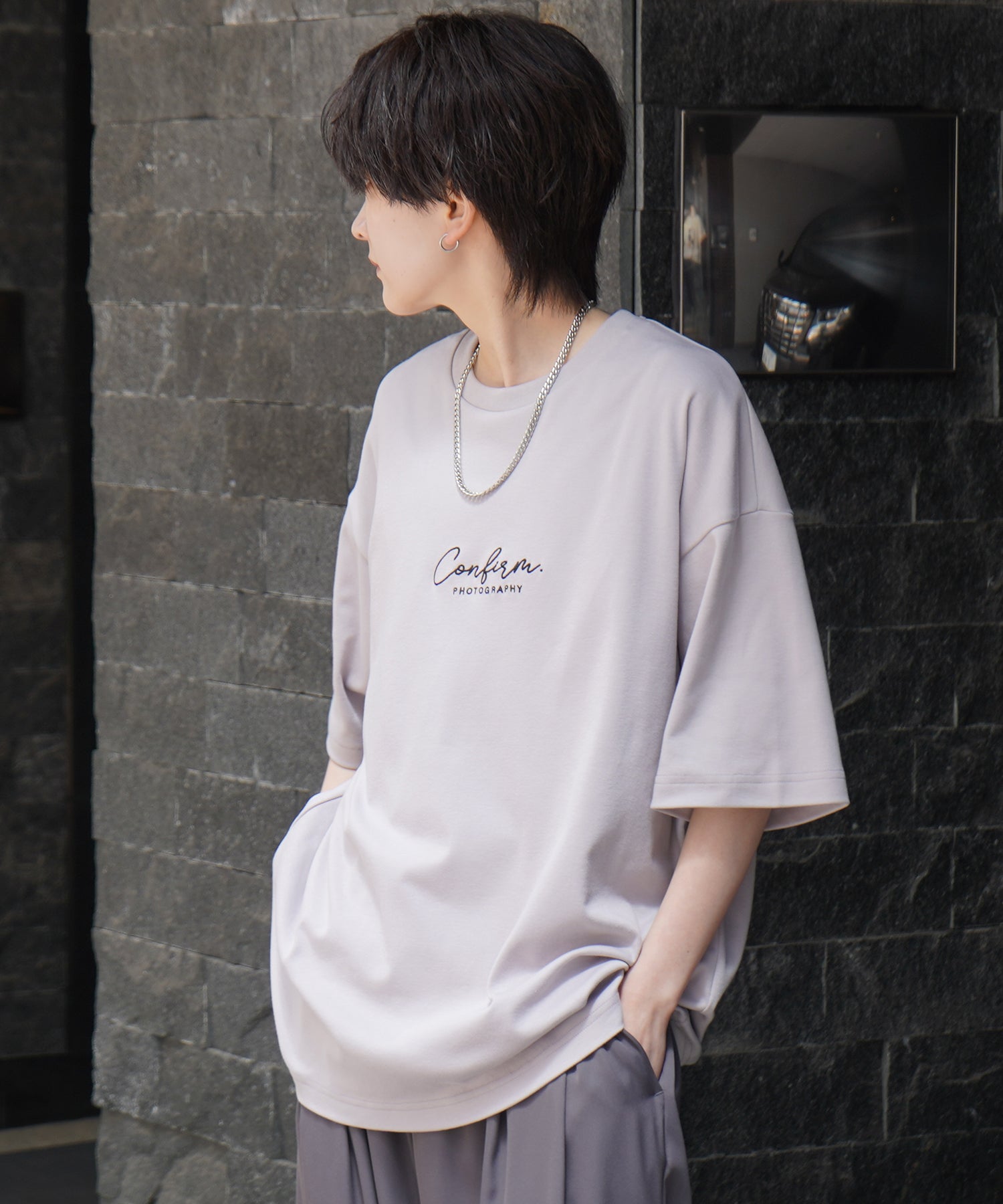 25SS ナチュラルドレープ とろみ肌感 ワンポイント刺繍 ビッグシルエット半袖Tシャツ