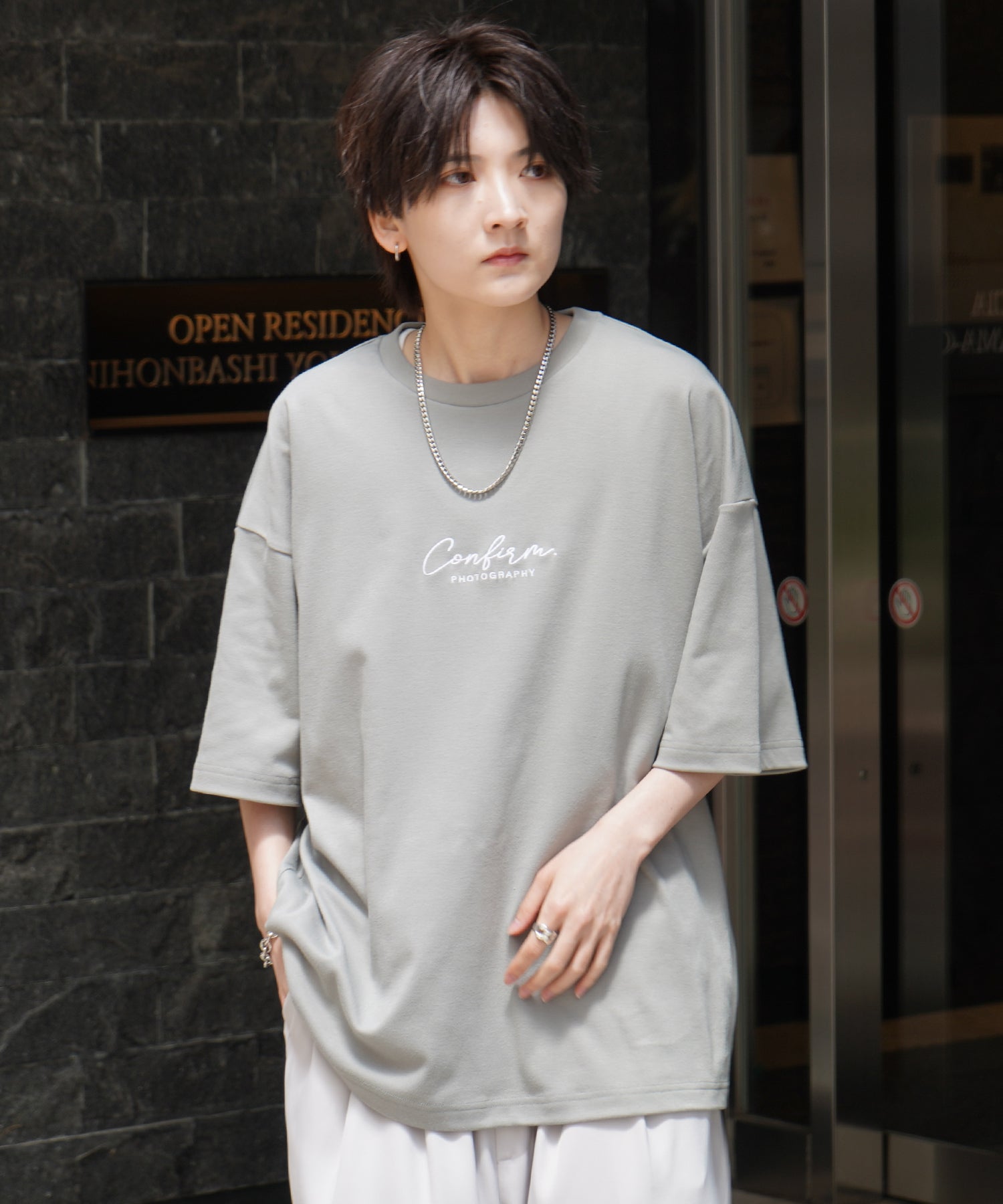 25SS ナチュラルドレープ とろみ肌感 ワンポイント刺繍 ビッグシルエット半袖Tシャツ