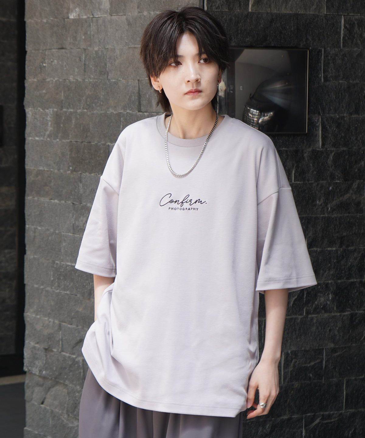 25SS ナチュラルドレープ とろみ肌感 ワンポイント刺繍 ビッグシルエット半袖Tシャツ