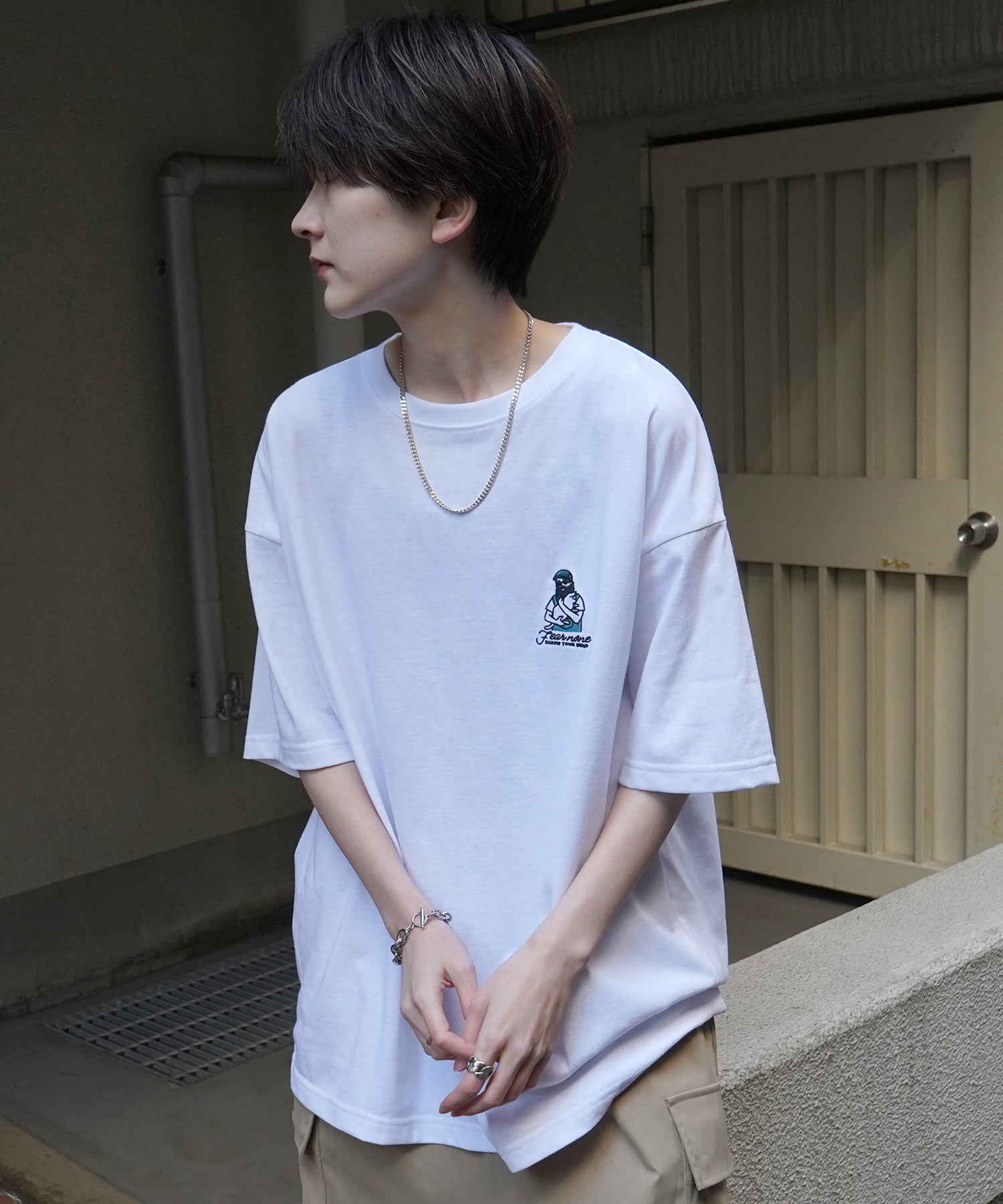 24SS 新柄 ヒゲオジサンB ワンポイント刺繍ロゴ ビッグシルエット半袖Tシャツ
