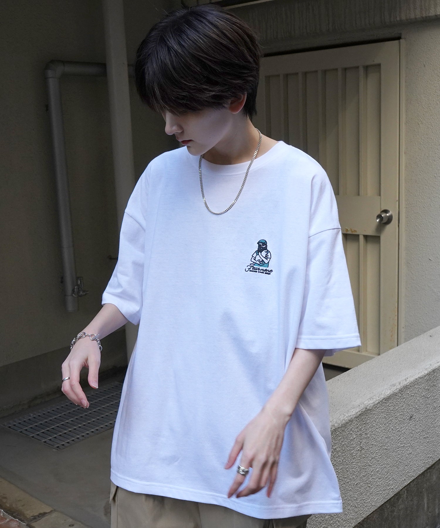 24SS 新柄 ヒゲオジサンB ワンポイント刺繍ロゴ ビッグシルエット半袖Tシャツ