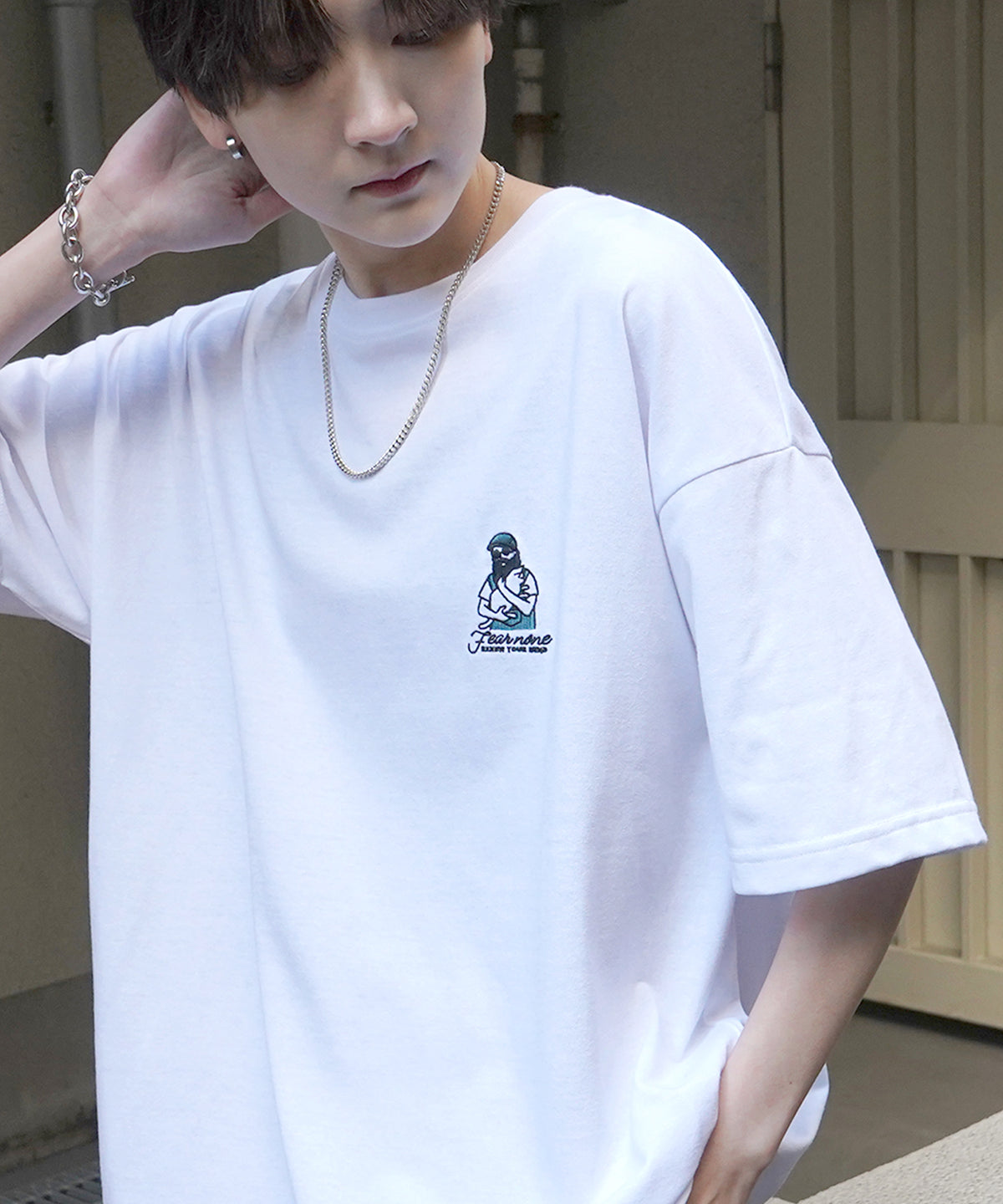 ヒゲオジサンB ワンポイント刺繍ロゴ ビッグシルエット半袖Tシャツ