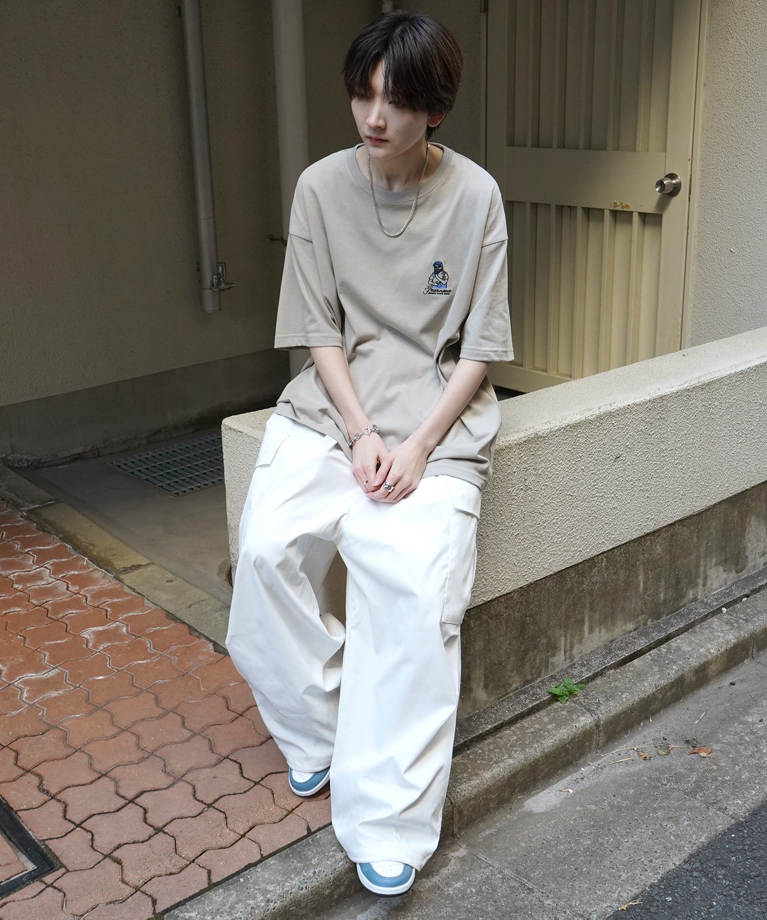 24SS 新柄 ヒゲオジサンB ワンポイント刺繍ロゴ ビッグシルエット半袖Tシャツ