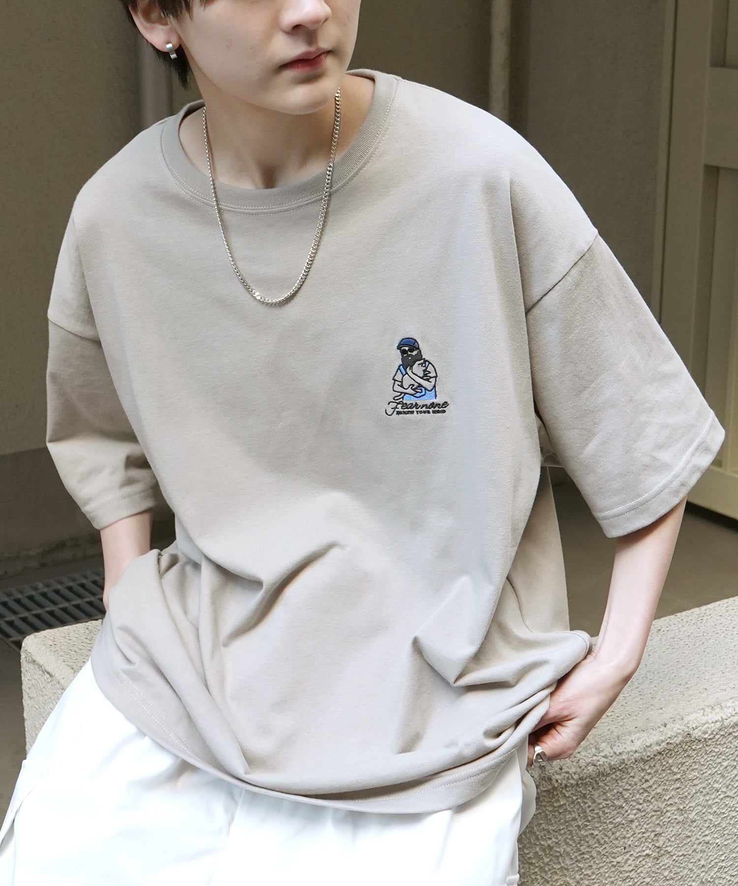 24SS 新柄 ヒゲオジサンB ワンポイント刺繍ロゴ ビッグシルエット半袖Tシャツ