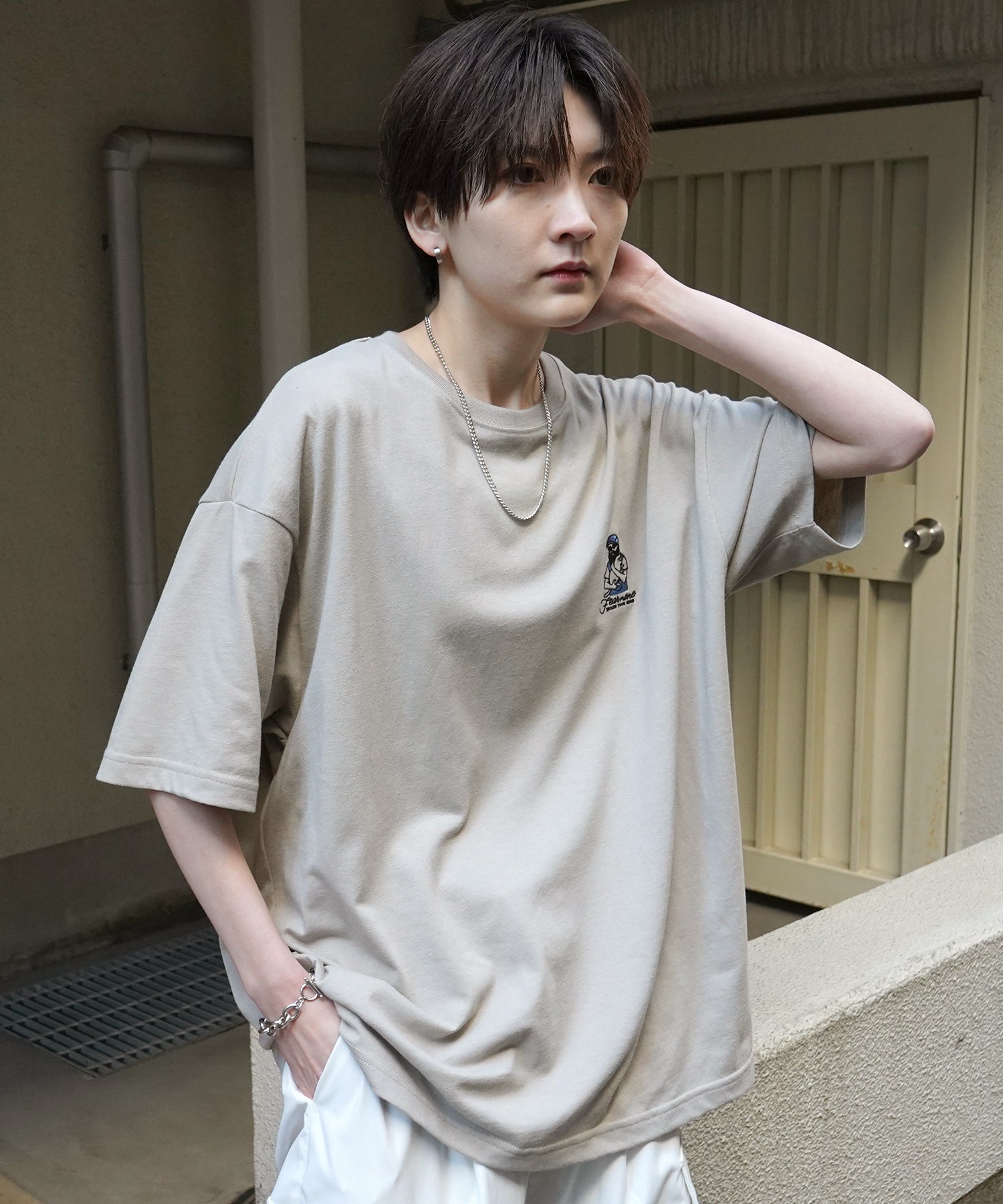 24SS 新柄 ヒゲオジサンB ワンポイント刺繍ロゴ ビッグシルエット半袖Tシャツ