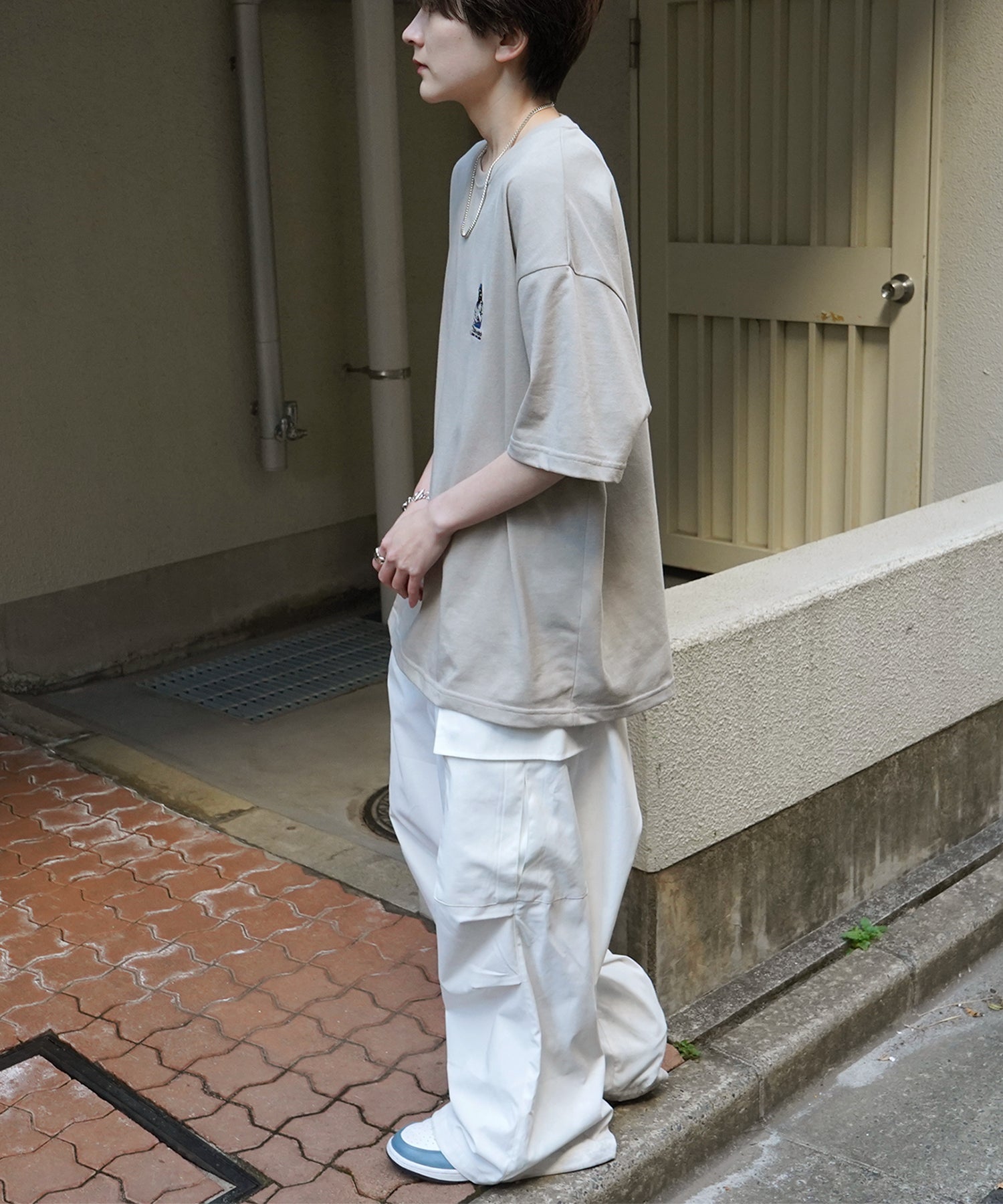 24SS 新柄 ヒゲオジサンB ワンポイント刺繍ロゴ ビッグシルエット半袖Tシャツ