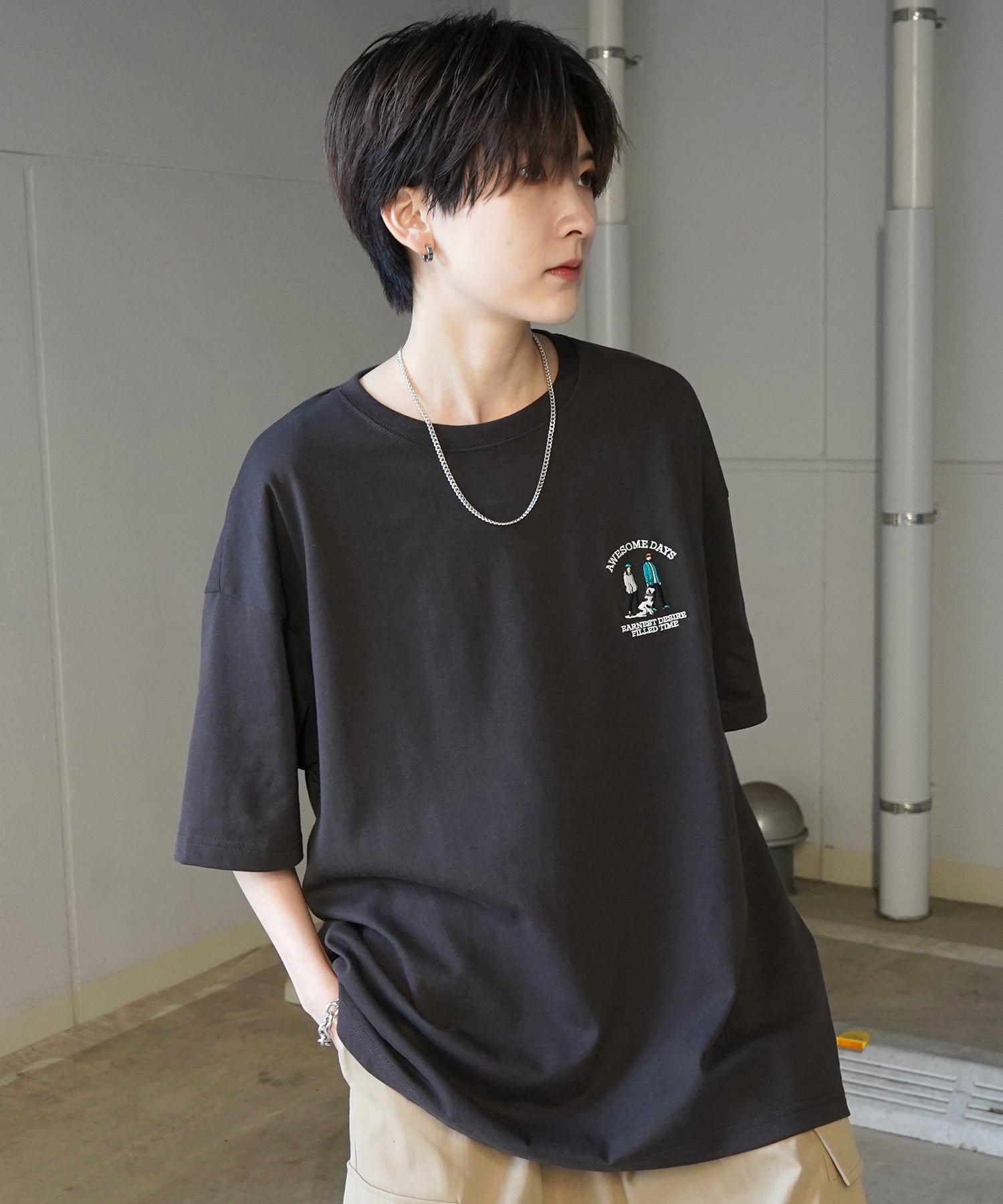 24SS 新柄 ウォーキングC ワンポイント刺繍ロゴ ビッグシルエット半袖Tシャツ