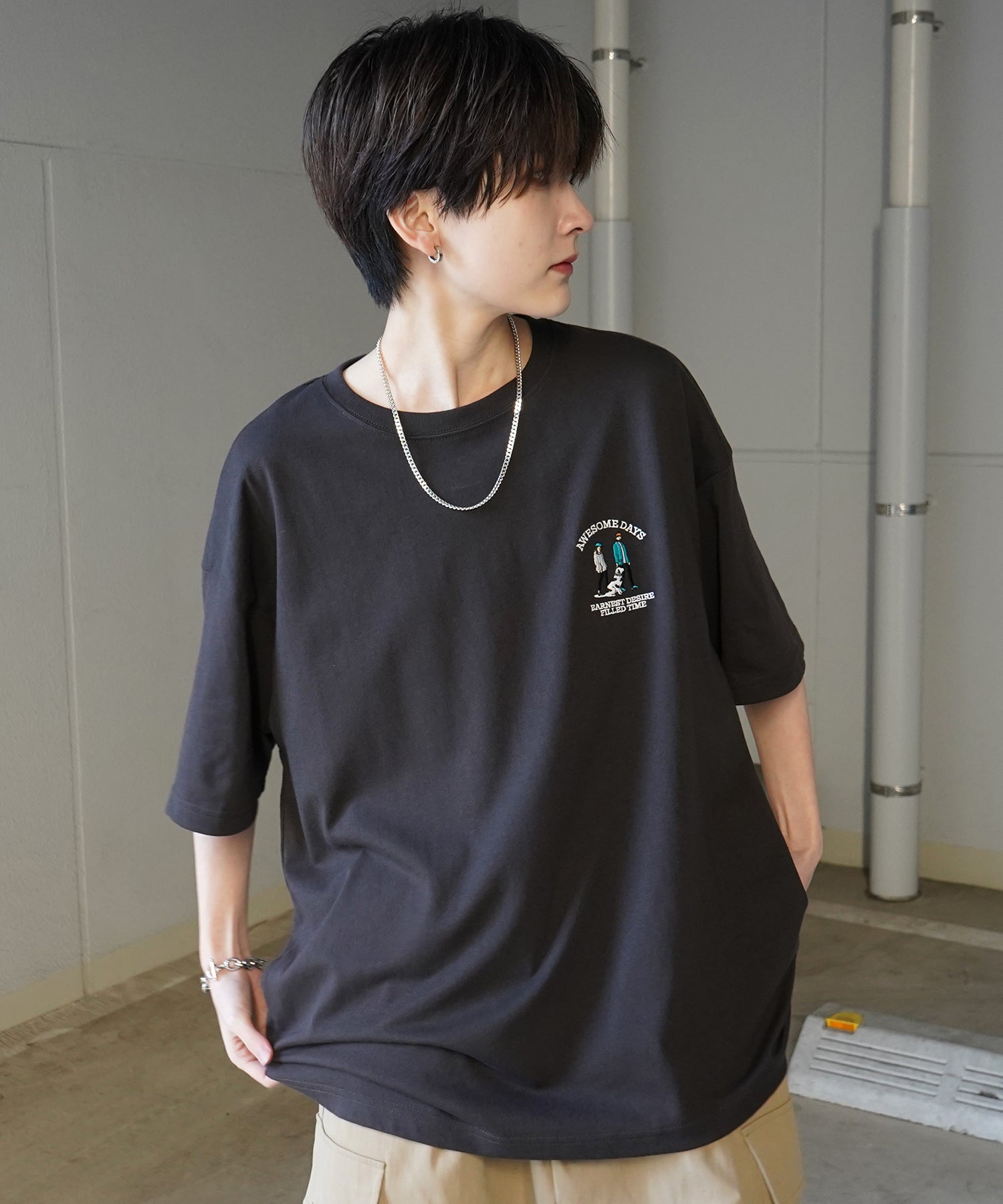 24SS 新柄 ウォーキングC ワンポイント刺繍ロゴ ビッグシルエット半袖Tシャツ