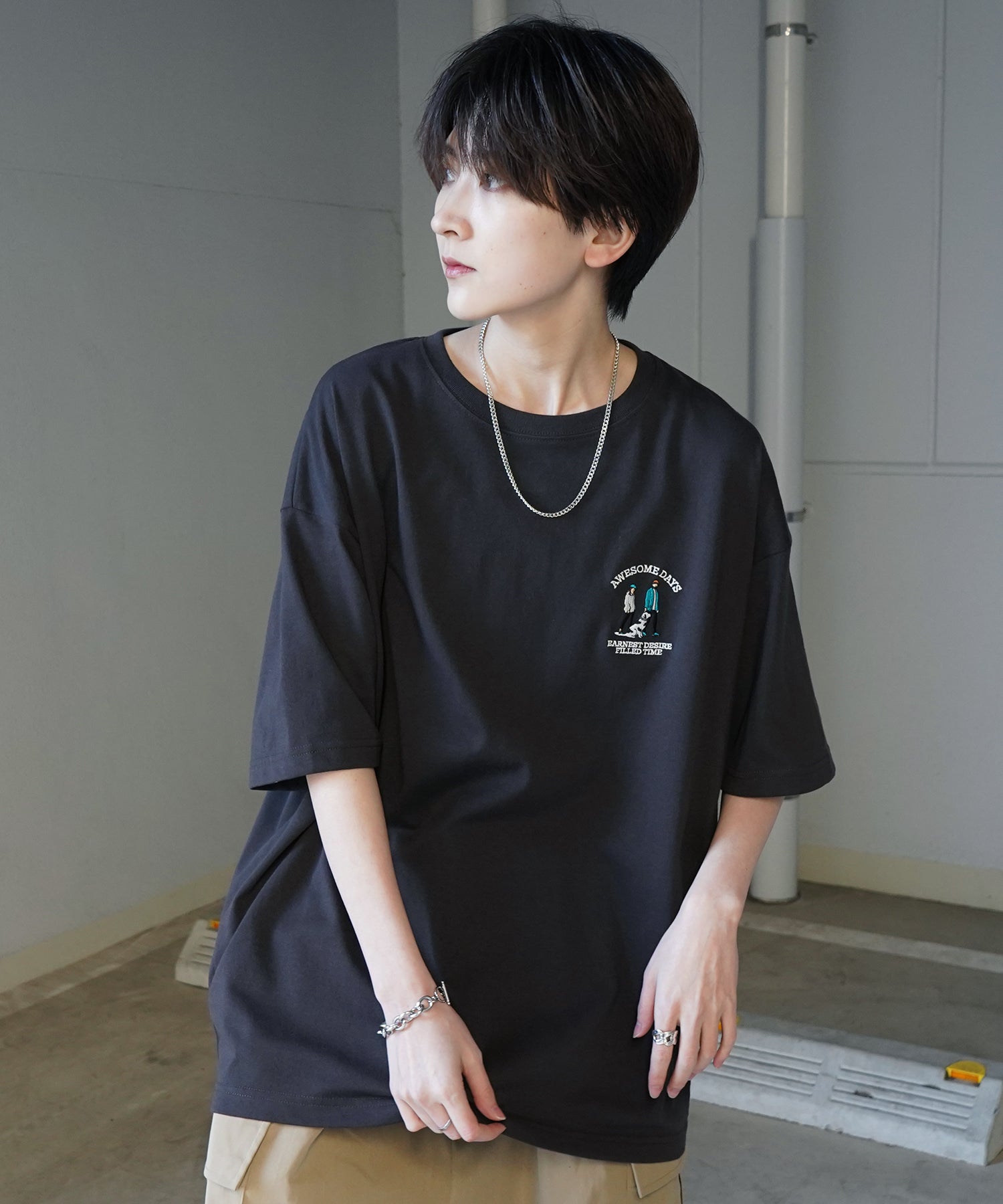 24SS 新柄 ウォーキングC ワンポイント刺繍ロゴ ビッグシルエット半袖Tシャツ