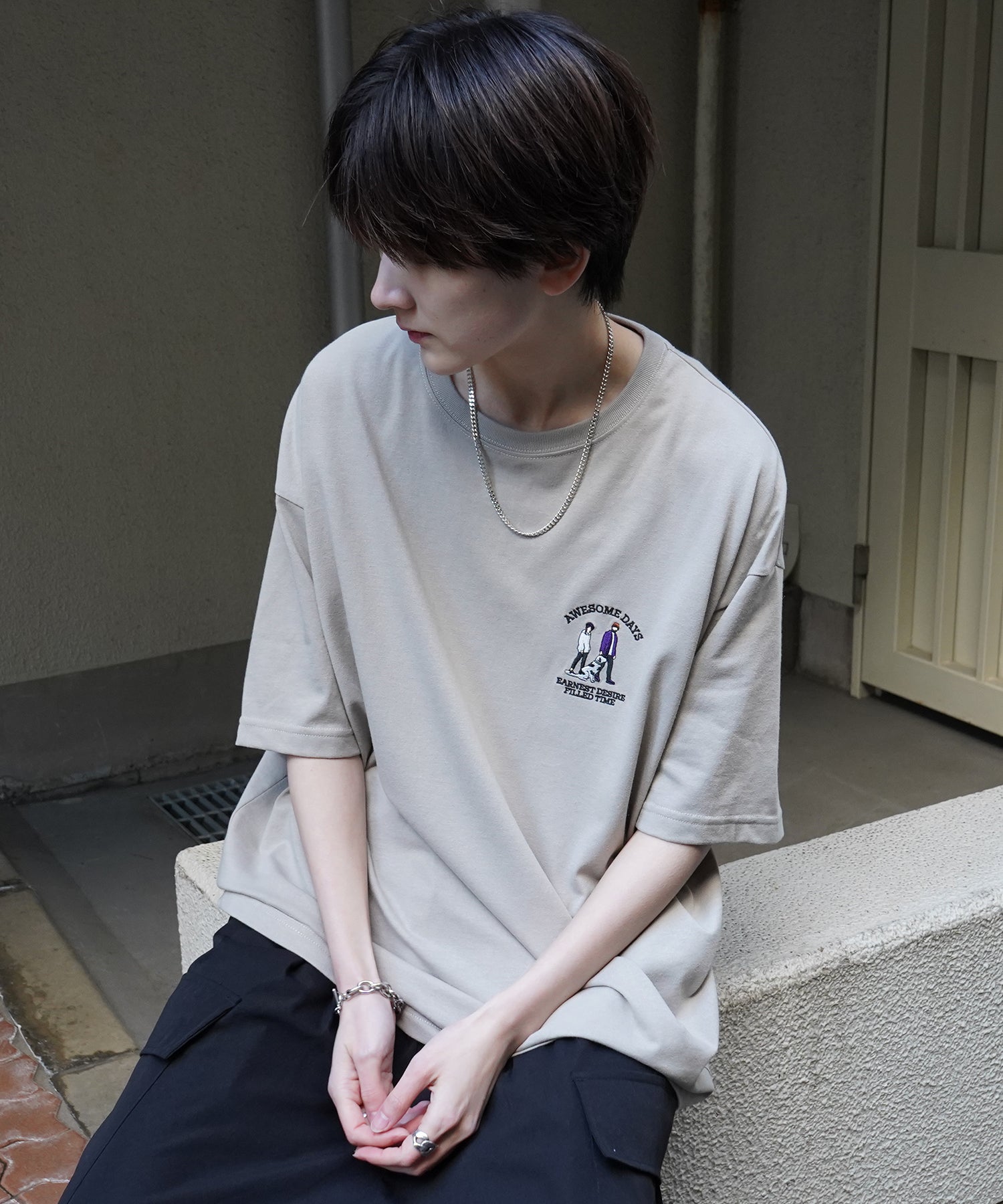 24SS 新柄 ウォーキングC ワンポイント刺繍ロゴ ビッグシルエット半袖Tシャツ