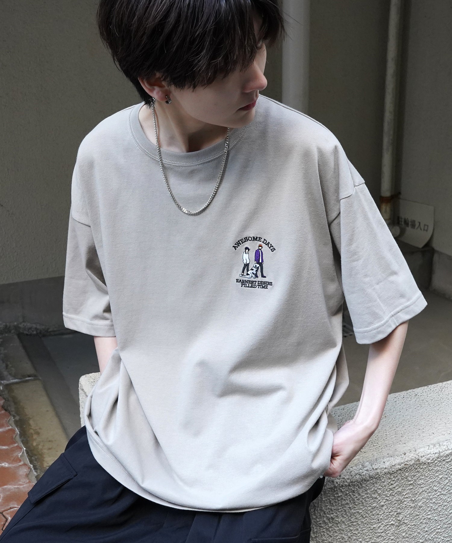 24SS 新柄 ウォーキングC ワンポイント刺繍ロゴ ビッグシルエット半袖Tシャツ