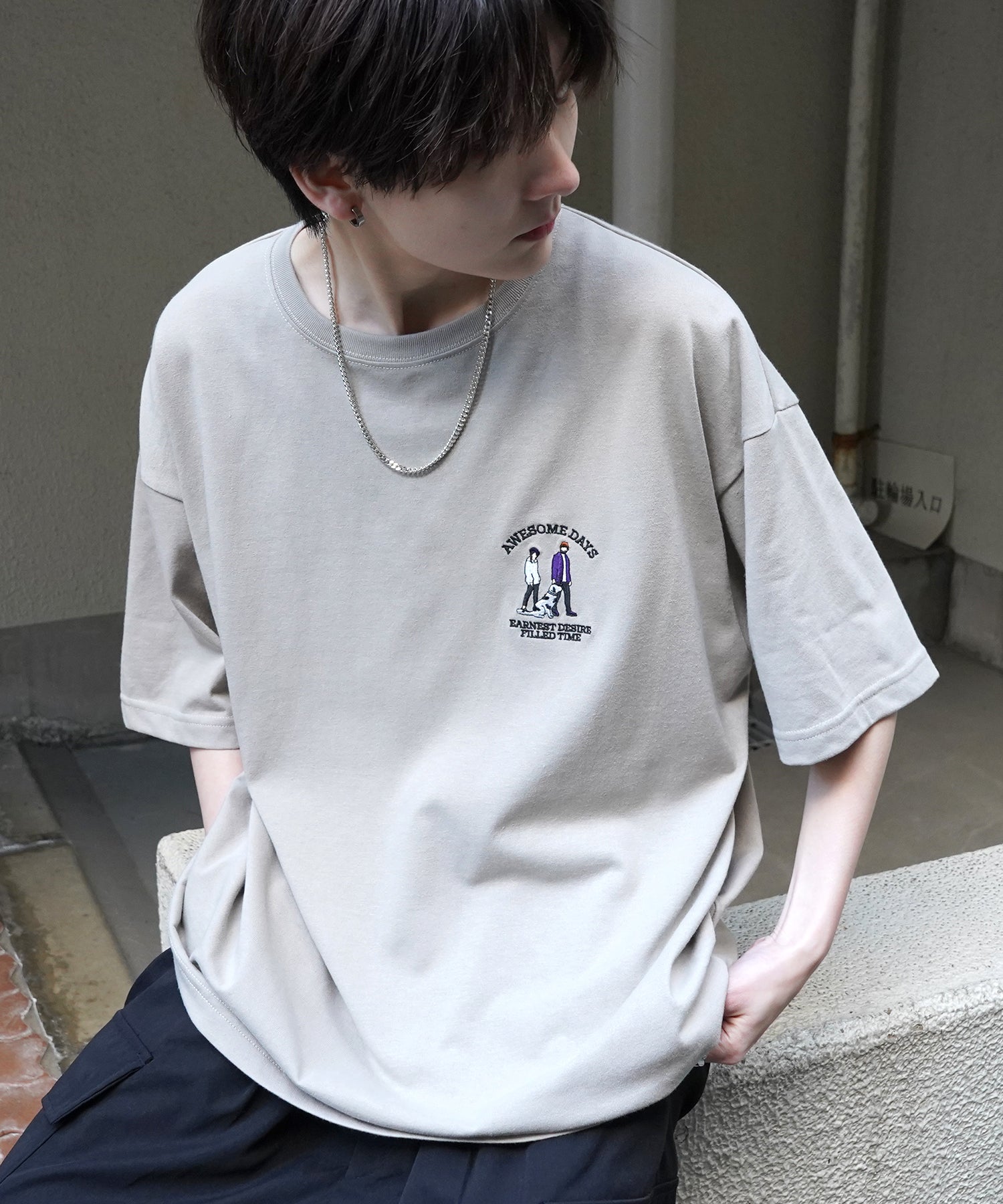 24SS 新柄 ウォーキングC ワンポイント刺繍ロゴ ビッグシルエット半袖Tシャツ