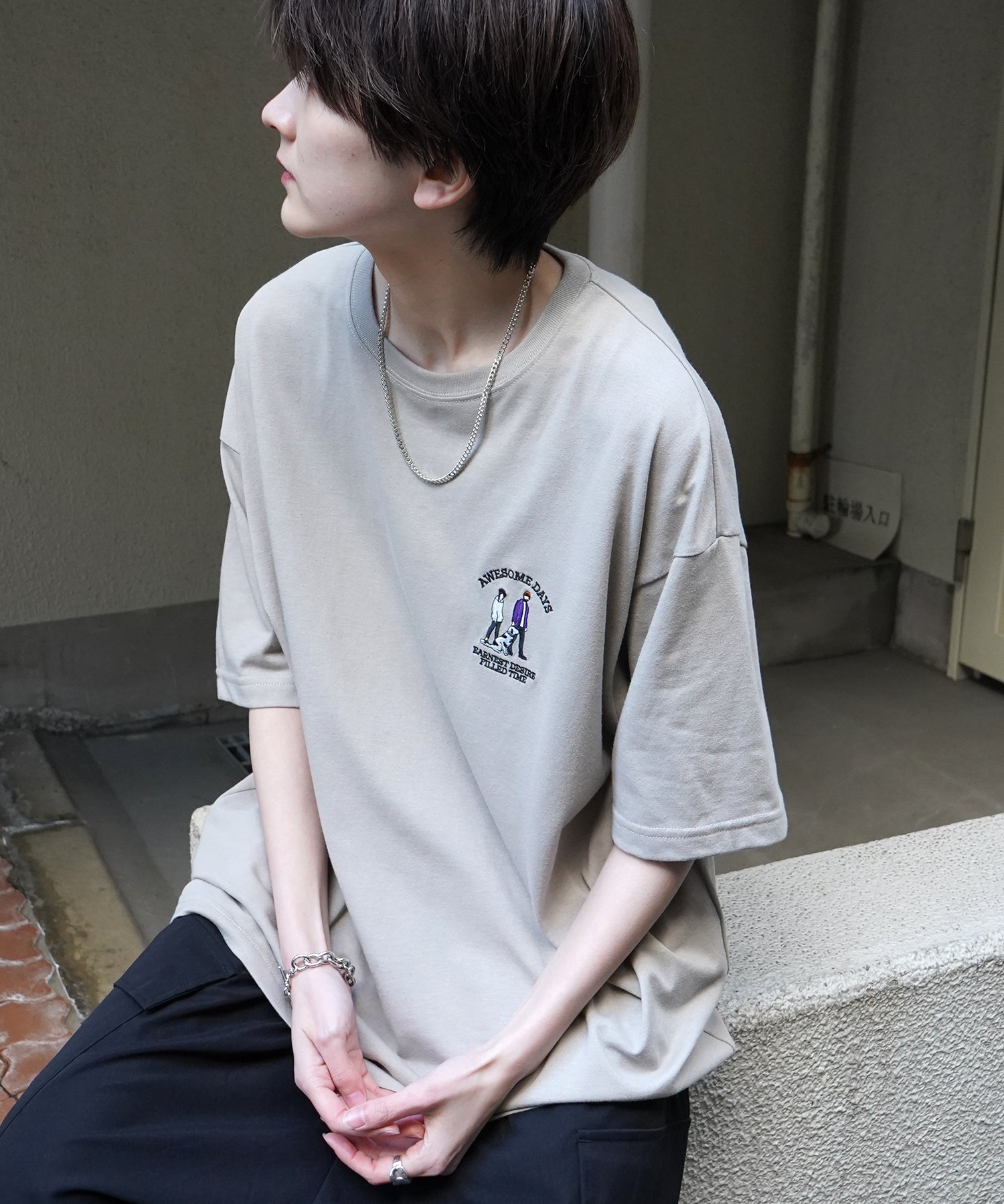24SS 新柄 ウォーキングC ワンポイント刺繍ロゴ ビッグシルエット半袖Tシャツ