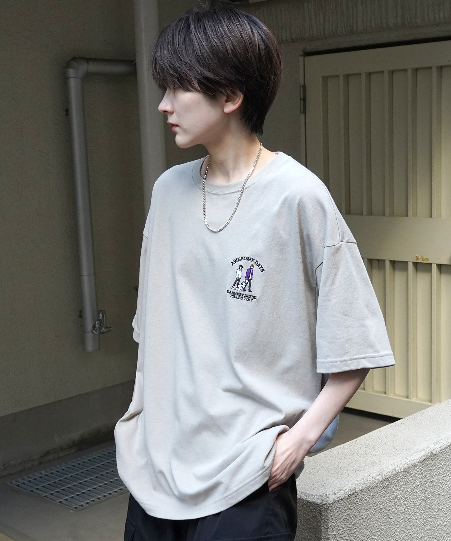 24SS 新柄 ウォーキングC ワンポイント刺繍ロゴ ビッグシルエット半袖Tシャツ